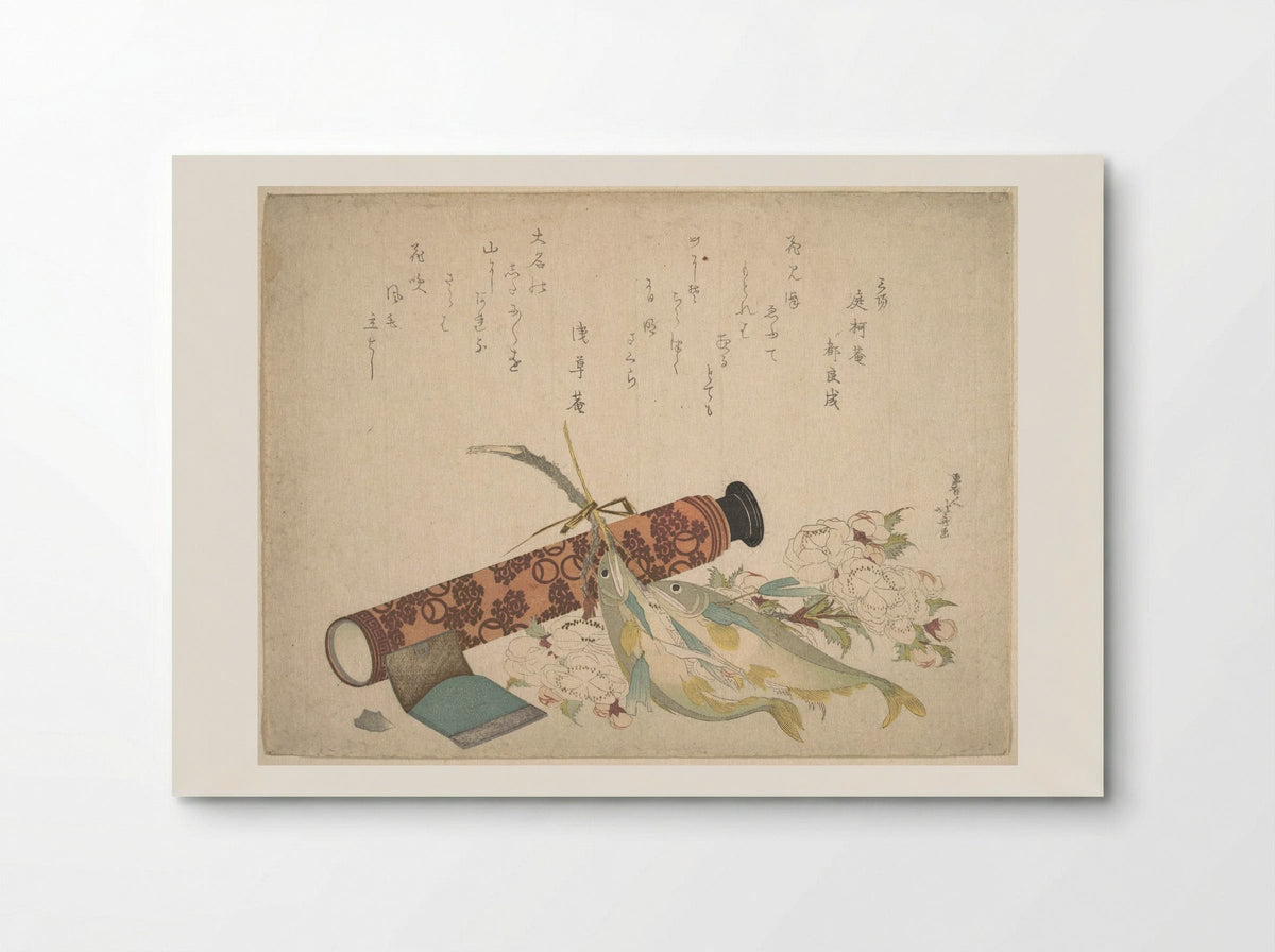 Still Life: Double Cherry-Blossom Branch, Telescope, Sweet Fish, and Tissue Case - Katsushika Hokusai - Poster
