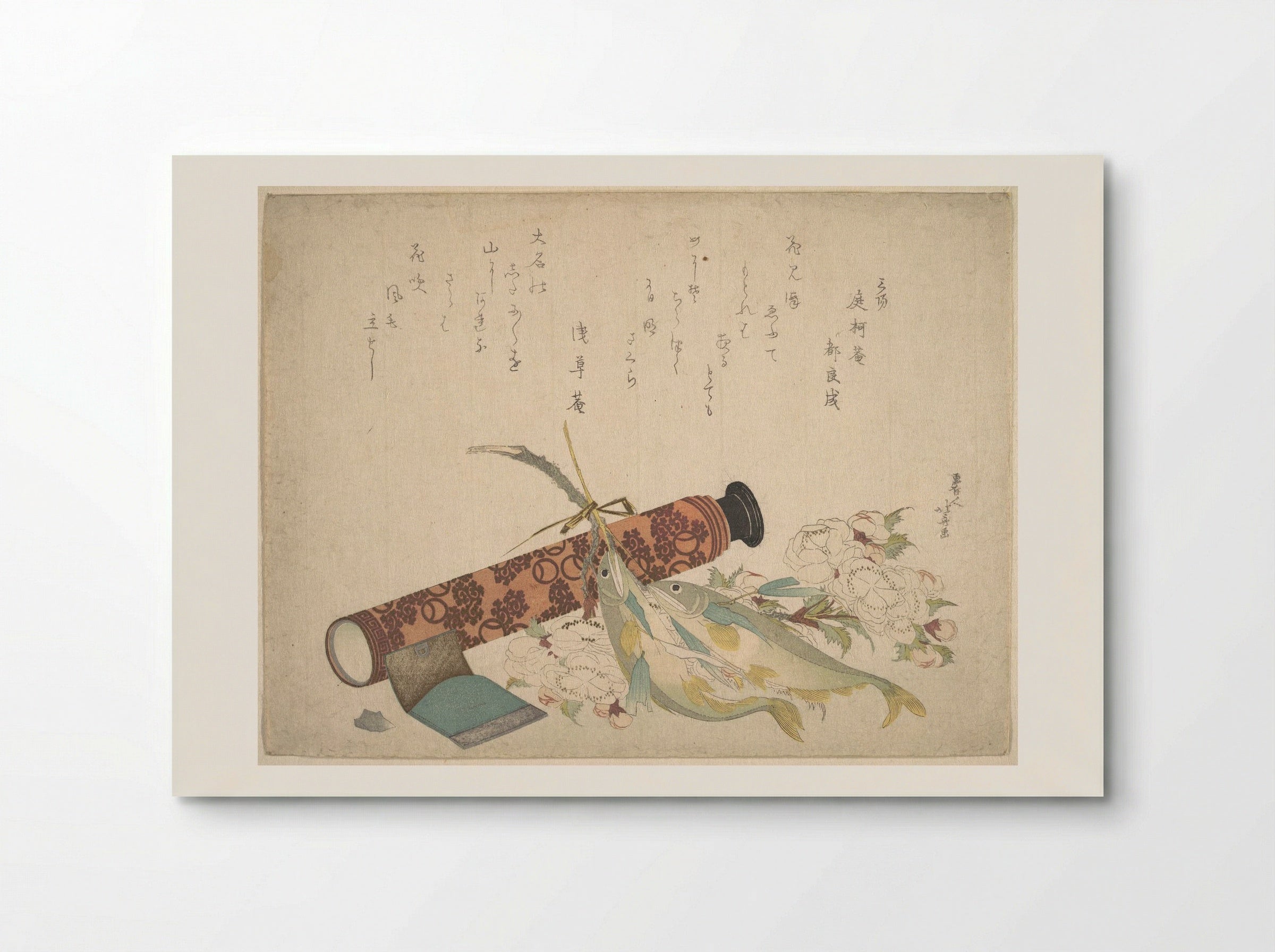 Still Life: Double Cherry-Blossom Branch, Telescope, Sweet Fish, and Tissue Case - Katsushika Hokusai - Poster