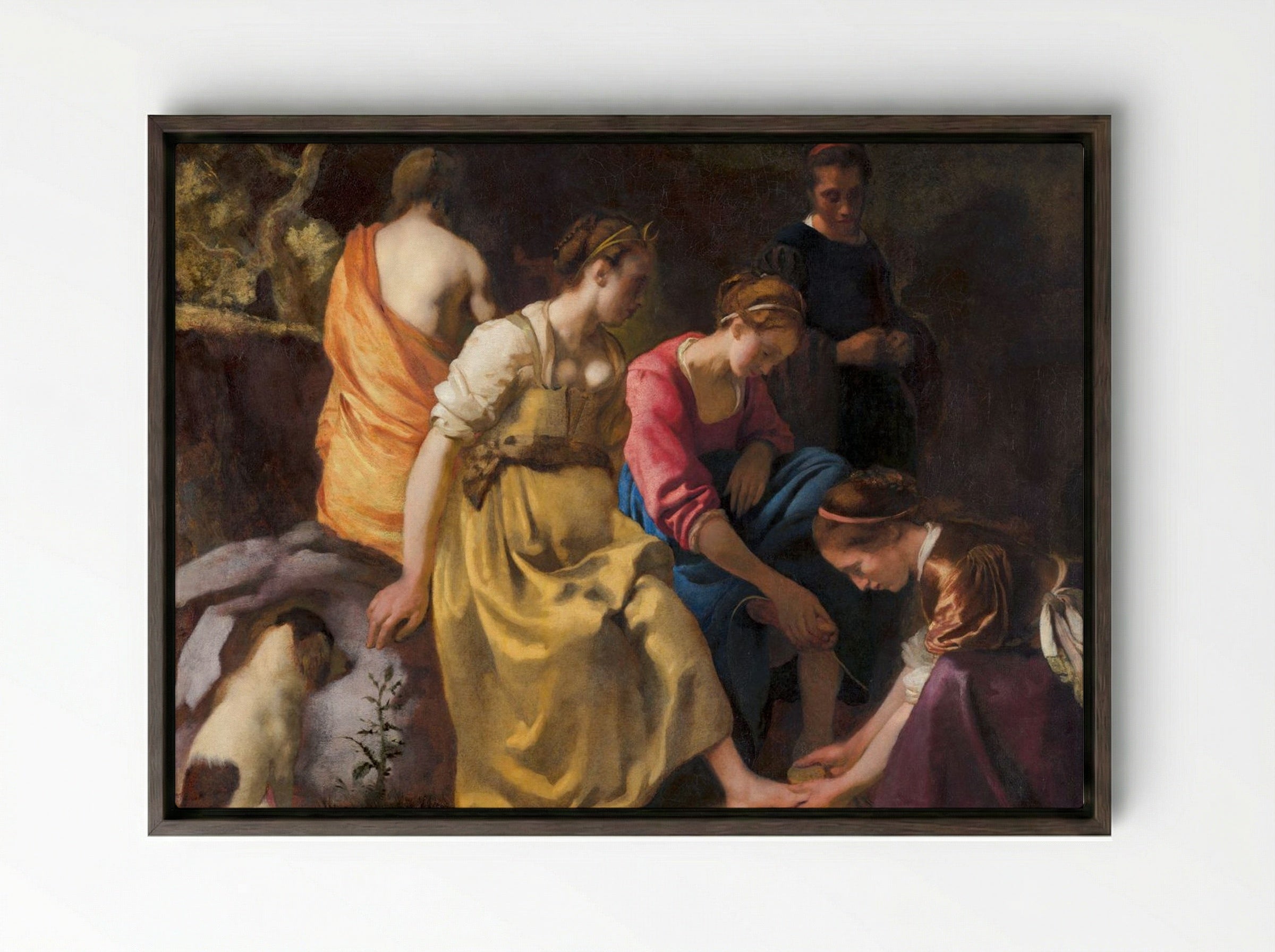 Diana and Her Nymphs - Johannes Vermeer - Framed Canvas Dark Wood