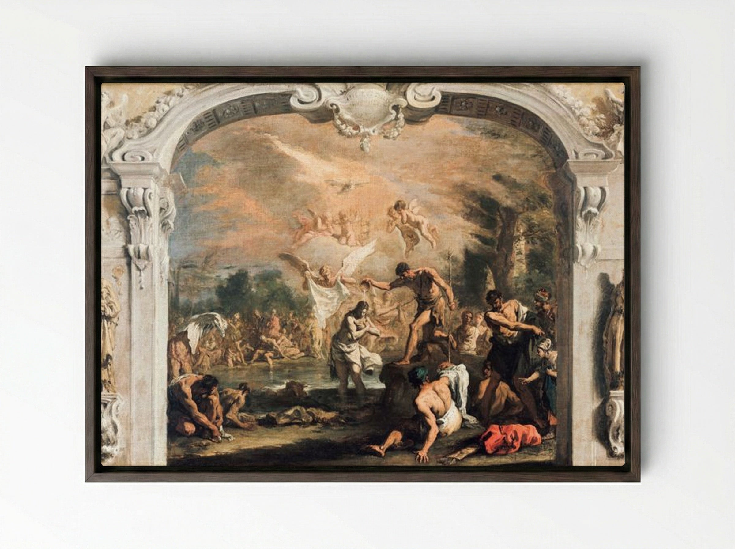 The Baptism of Christ - Sebastiano Ricci - Framed Canvas Dark Wood