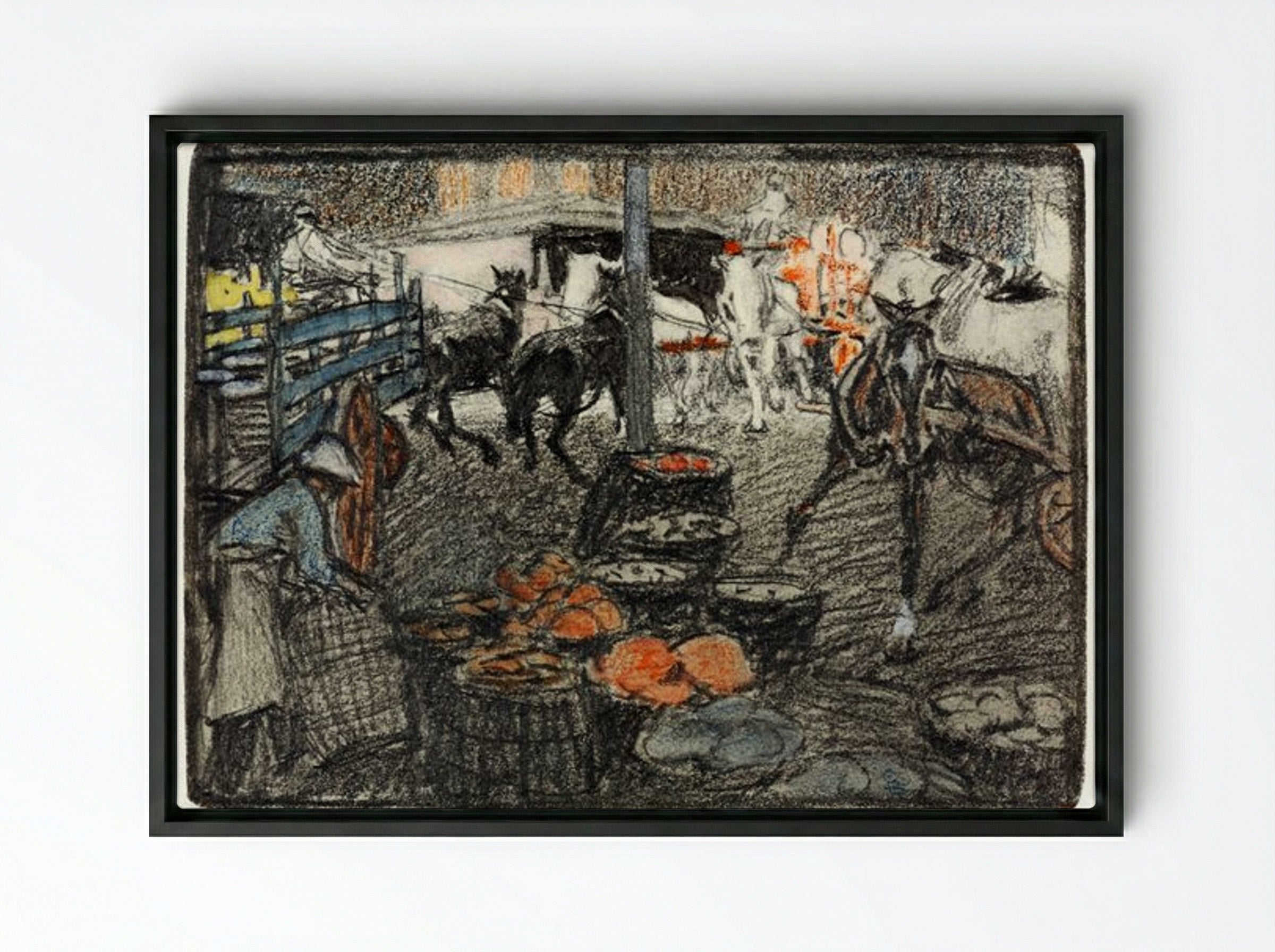 A Busy Market Scene - Edward Penfield - Framed Canvas Black