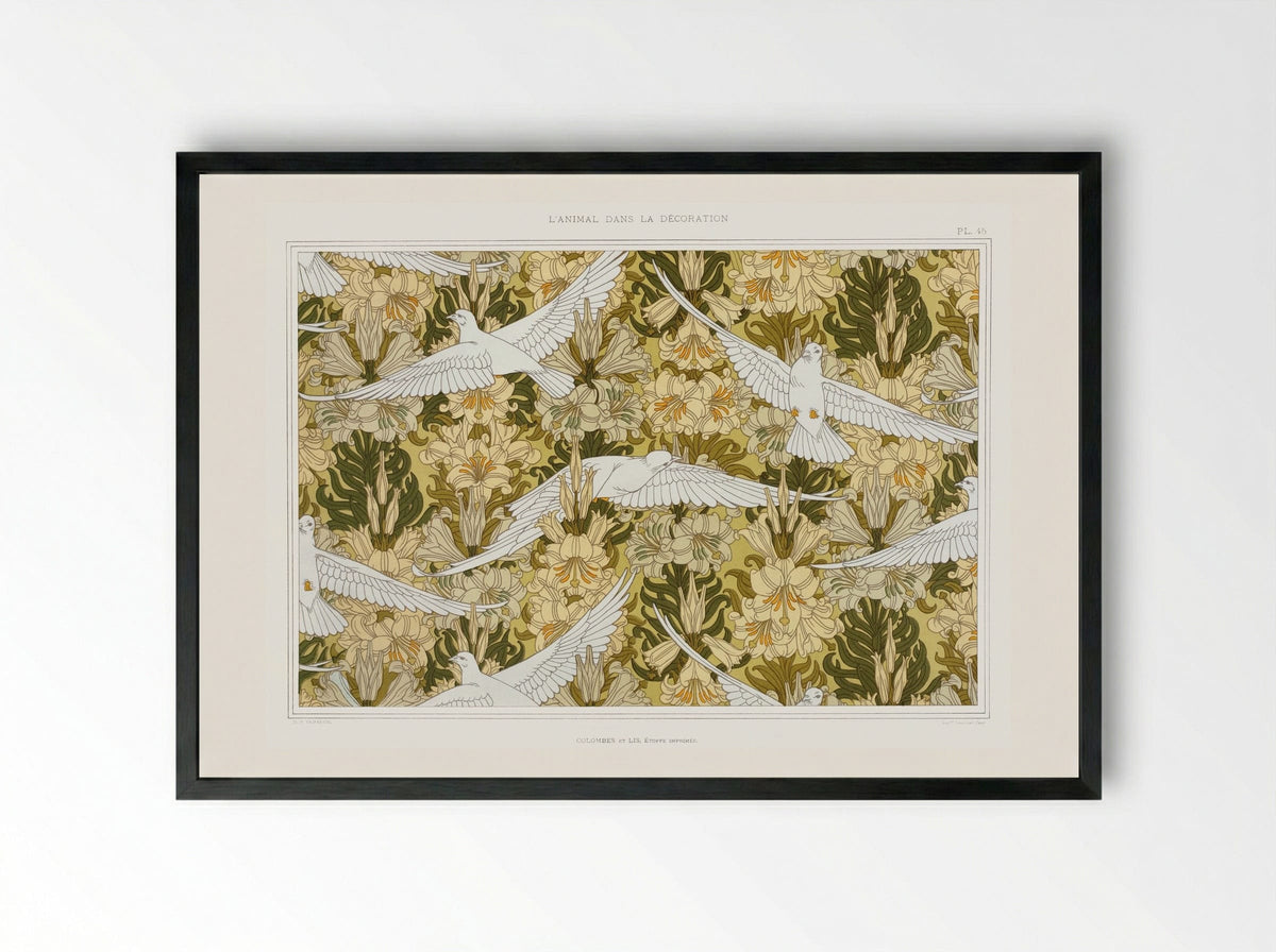 Colombes et Lis, Étoffe Imprimée (Doves and Lilies, Printed Fabric) - Maurice Pillard Verneuil - Framed Print Black