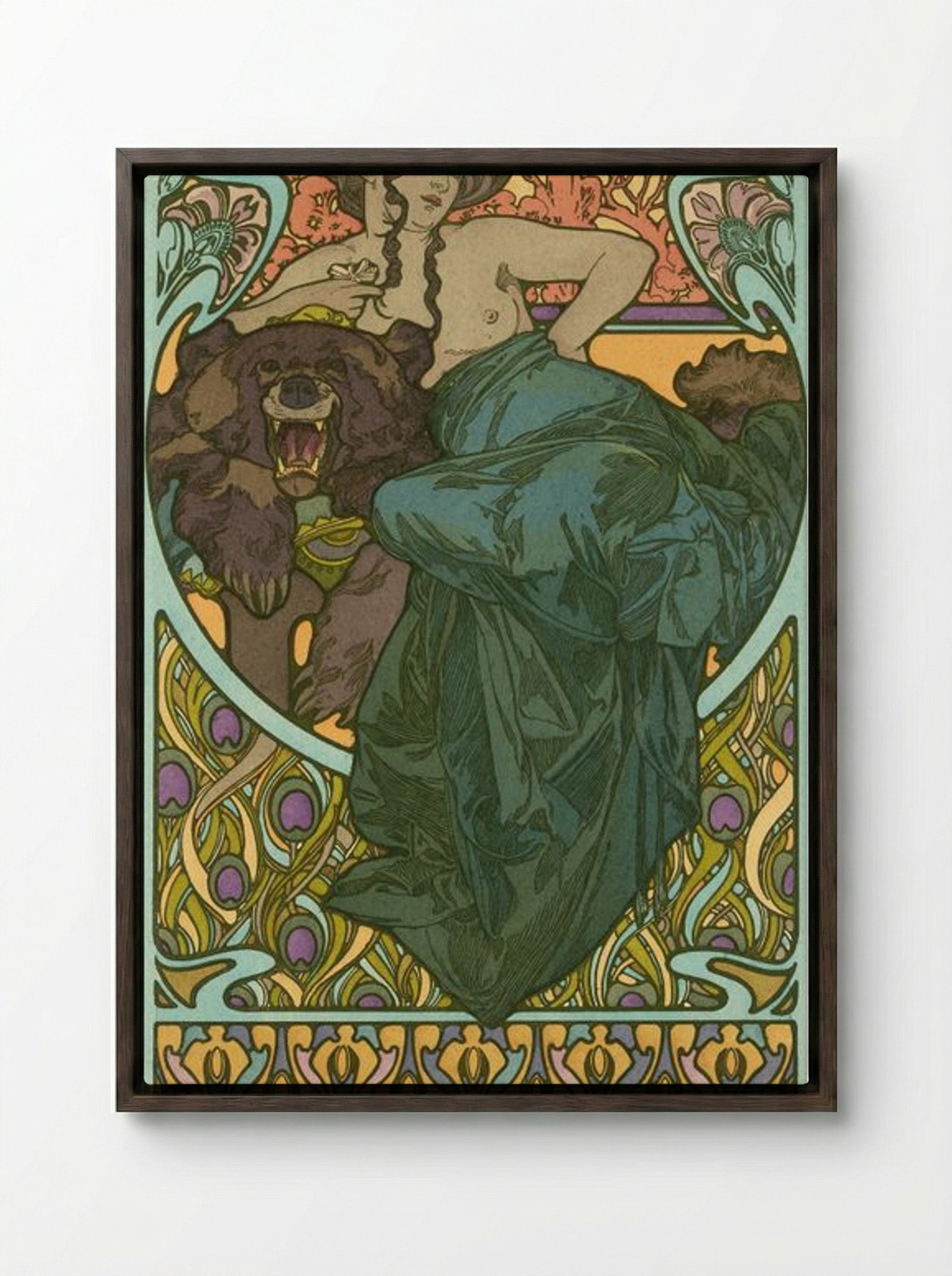 Untitled (Woman with Bear) - Alphonse Mucha - Framed Canvas Dark Wood