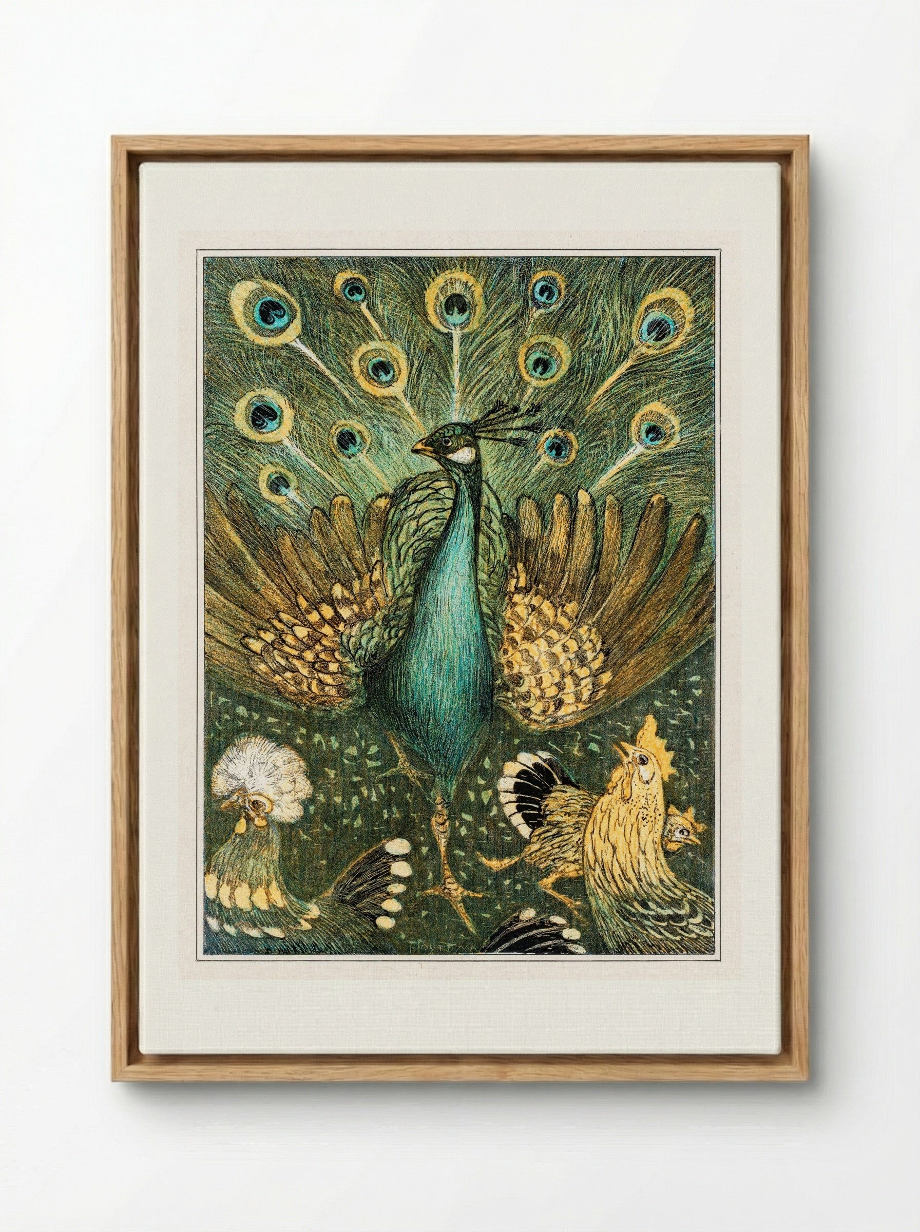 Peacock with Chickens - Theo van Hoytema - Framed Canvas Wood