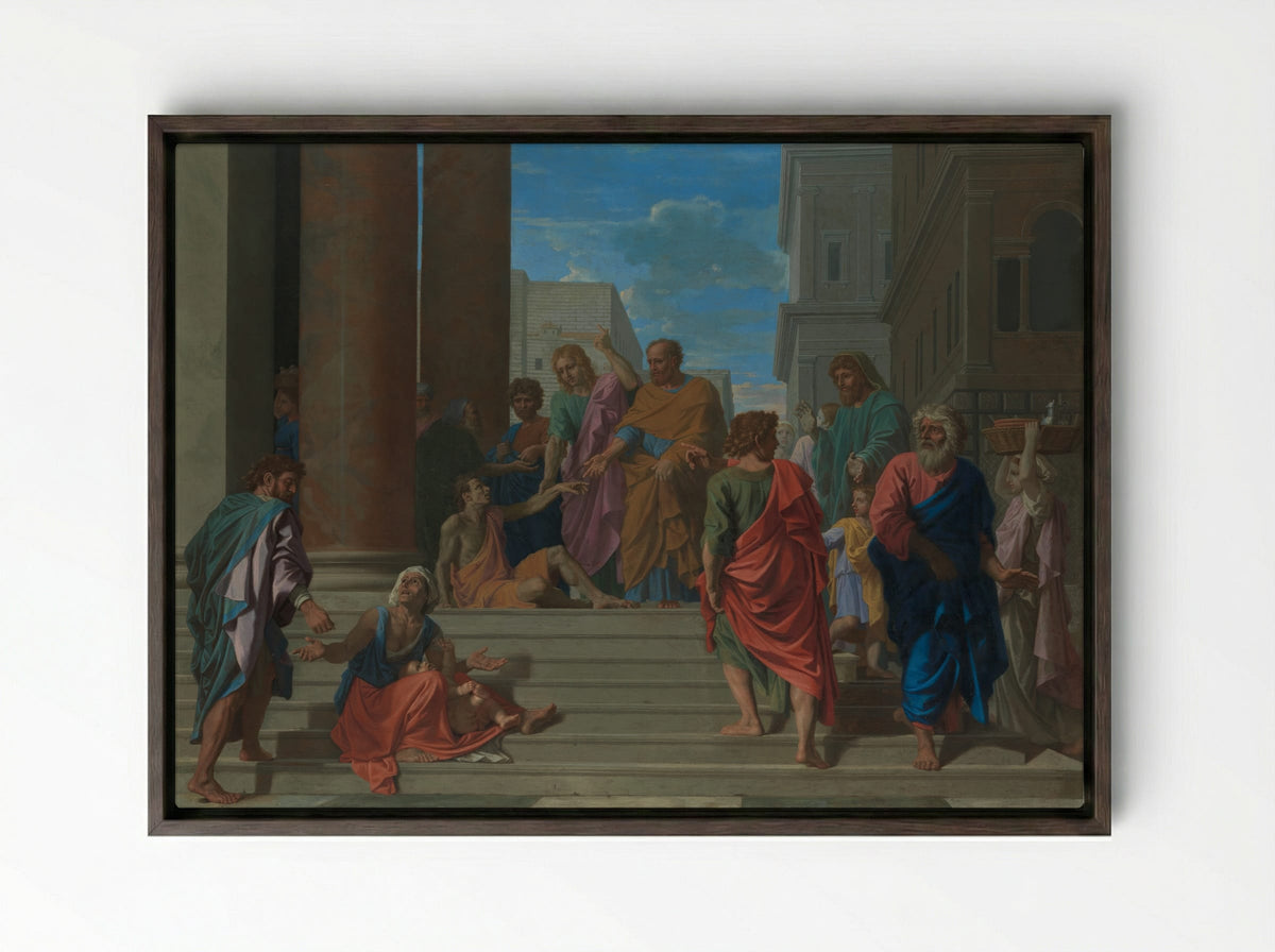 Saints Peter and John Healing the Lame Man - Nicolas Poussin - Framed Canvas Dark Wood