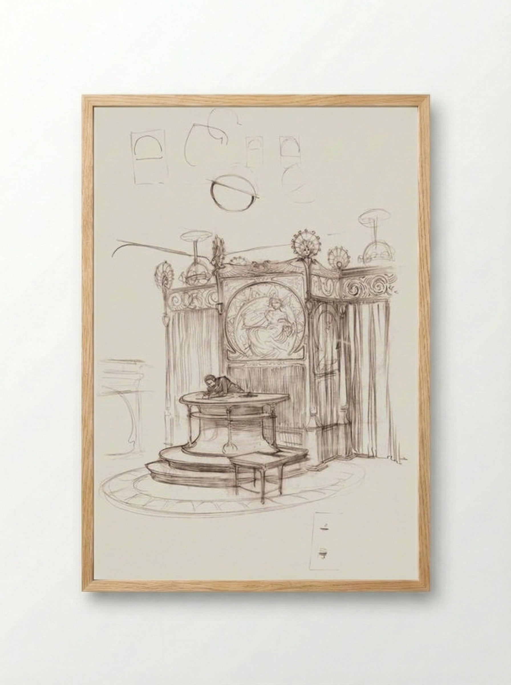 Sketch of an Office Interior - Alphonse Mucha - Framed Print Wood