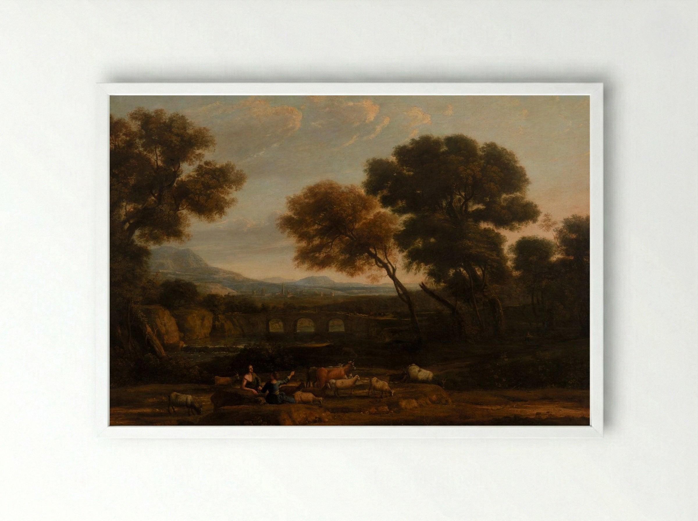 Pastoral Landscape with Bridge - Claude Lorrain - Framed Print White