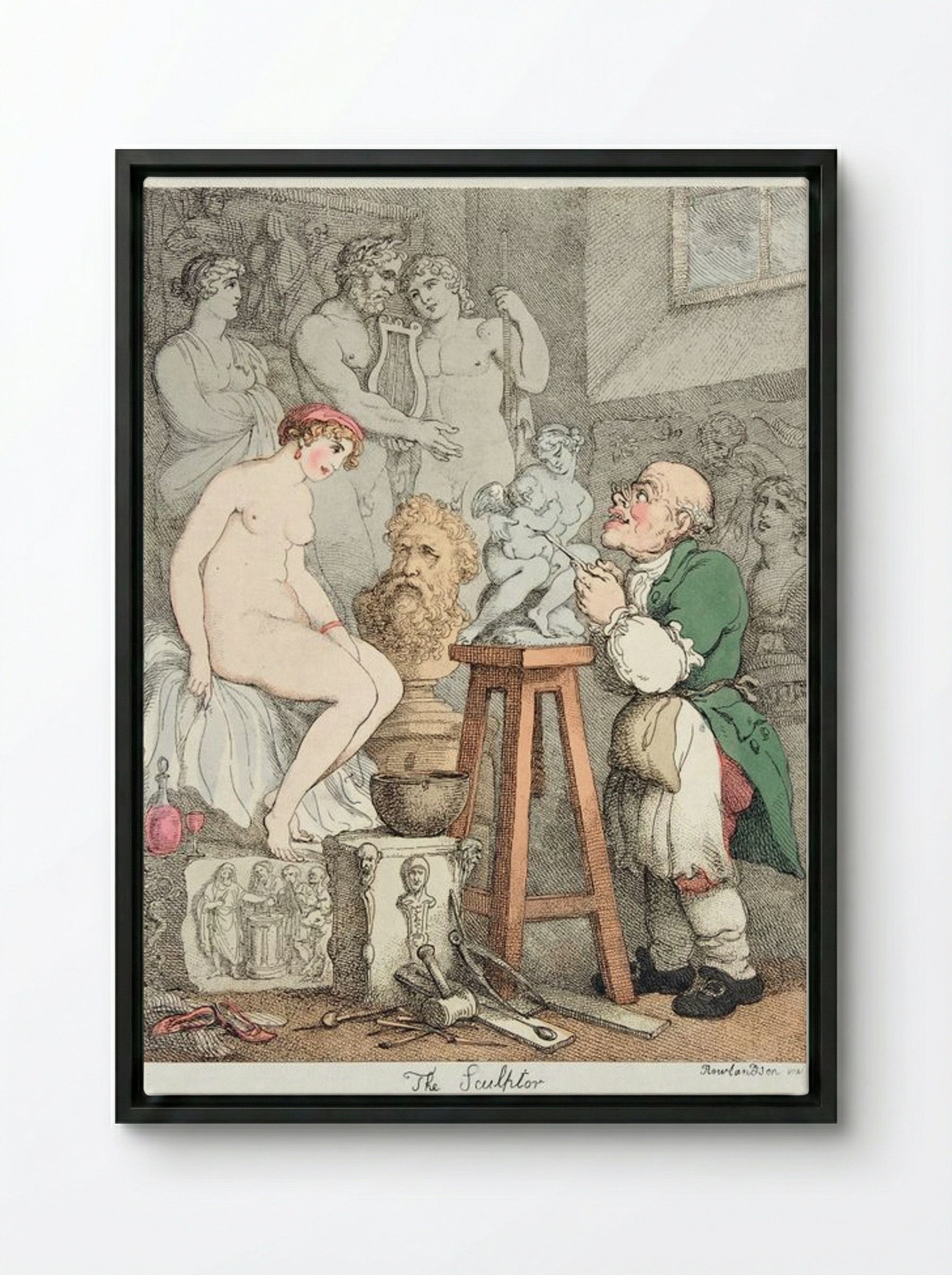The Sculptor, Preparations for the Academy: Old Joseph Nollekens and his Venus - Thomas Rowlandson - Framed Canvas Black