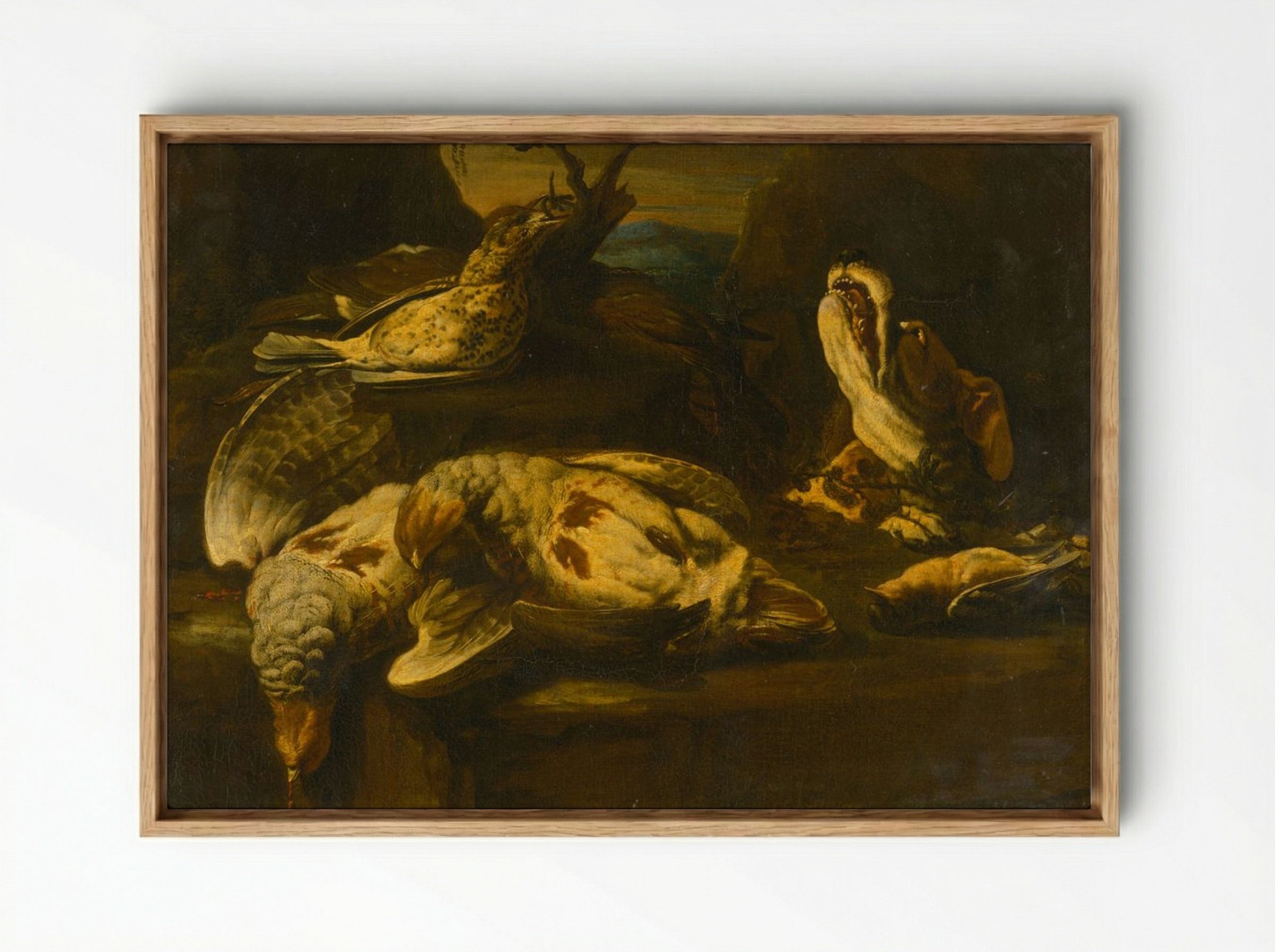 Hunting Still Life with Birds and Dog - Fine Art Print - Framed Canvas Wood