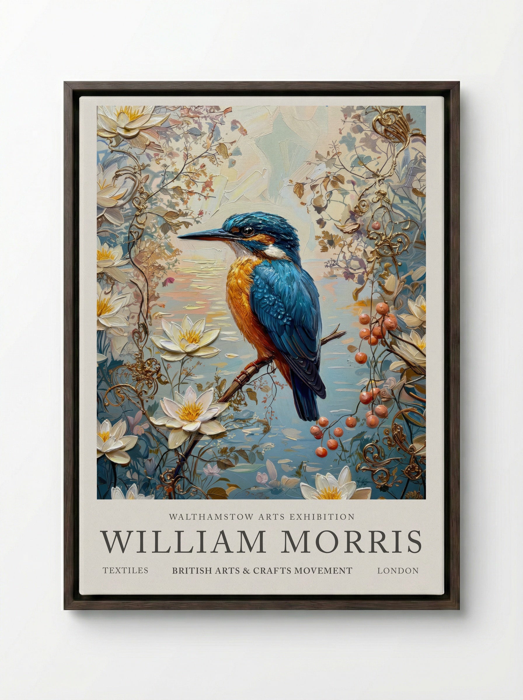 Kingfisher Calm - William Morris - Framed Canvas Dark Wood