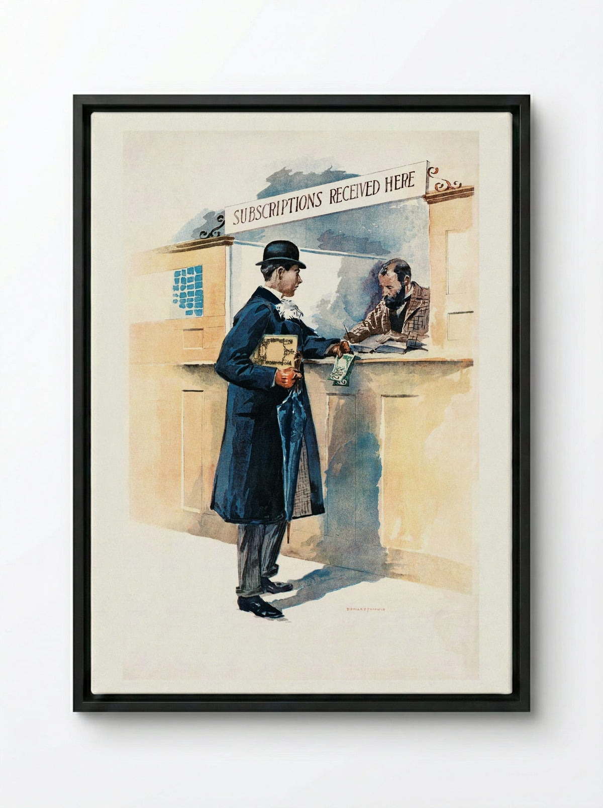 Man Getting Medicines - Edward Penfield - Framed Canvas Black