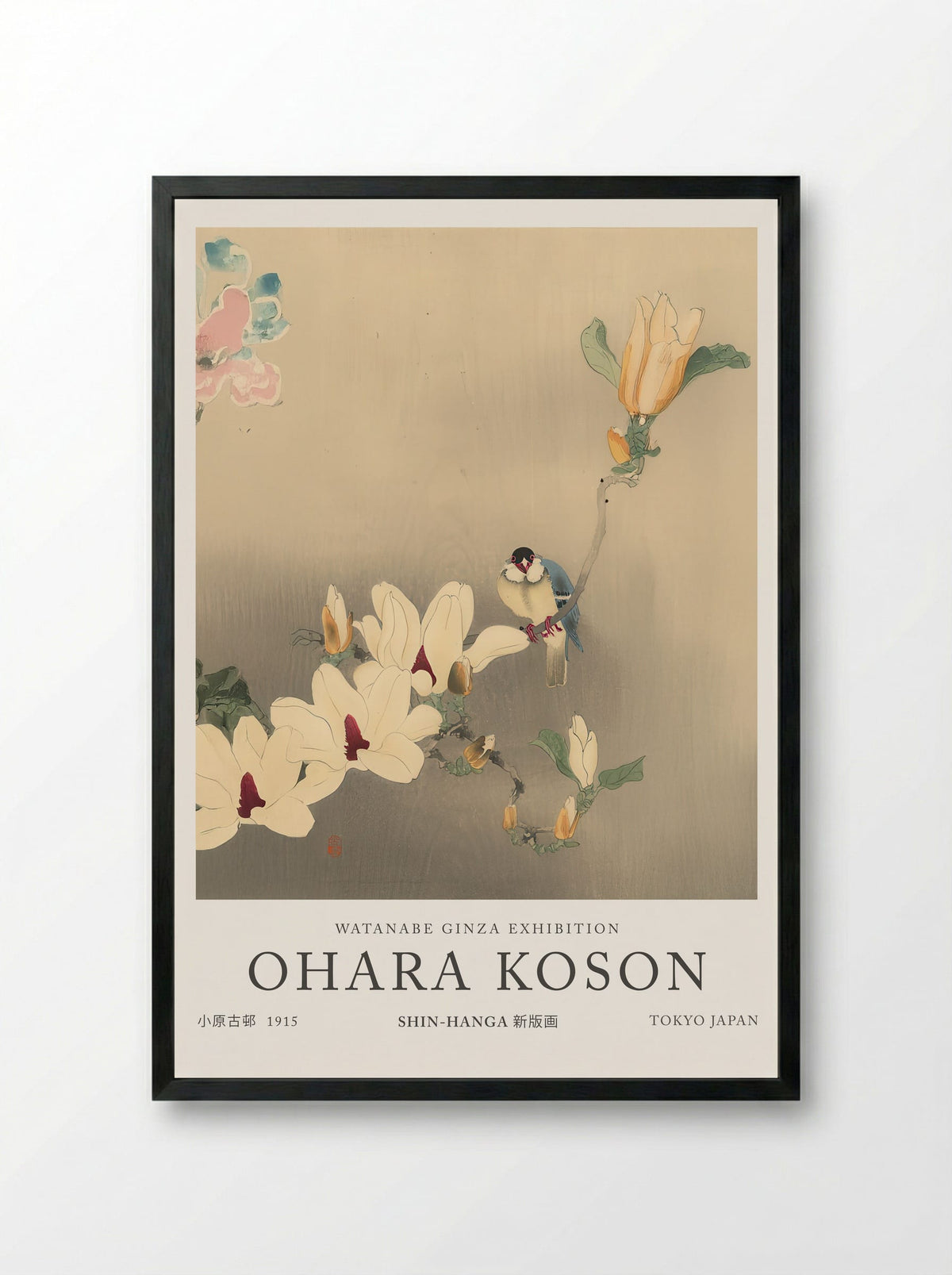 Blue Bird And Magnolia - Ohara Koson - Framed Print Black