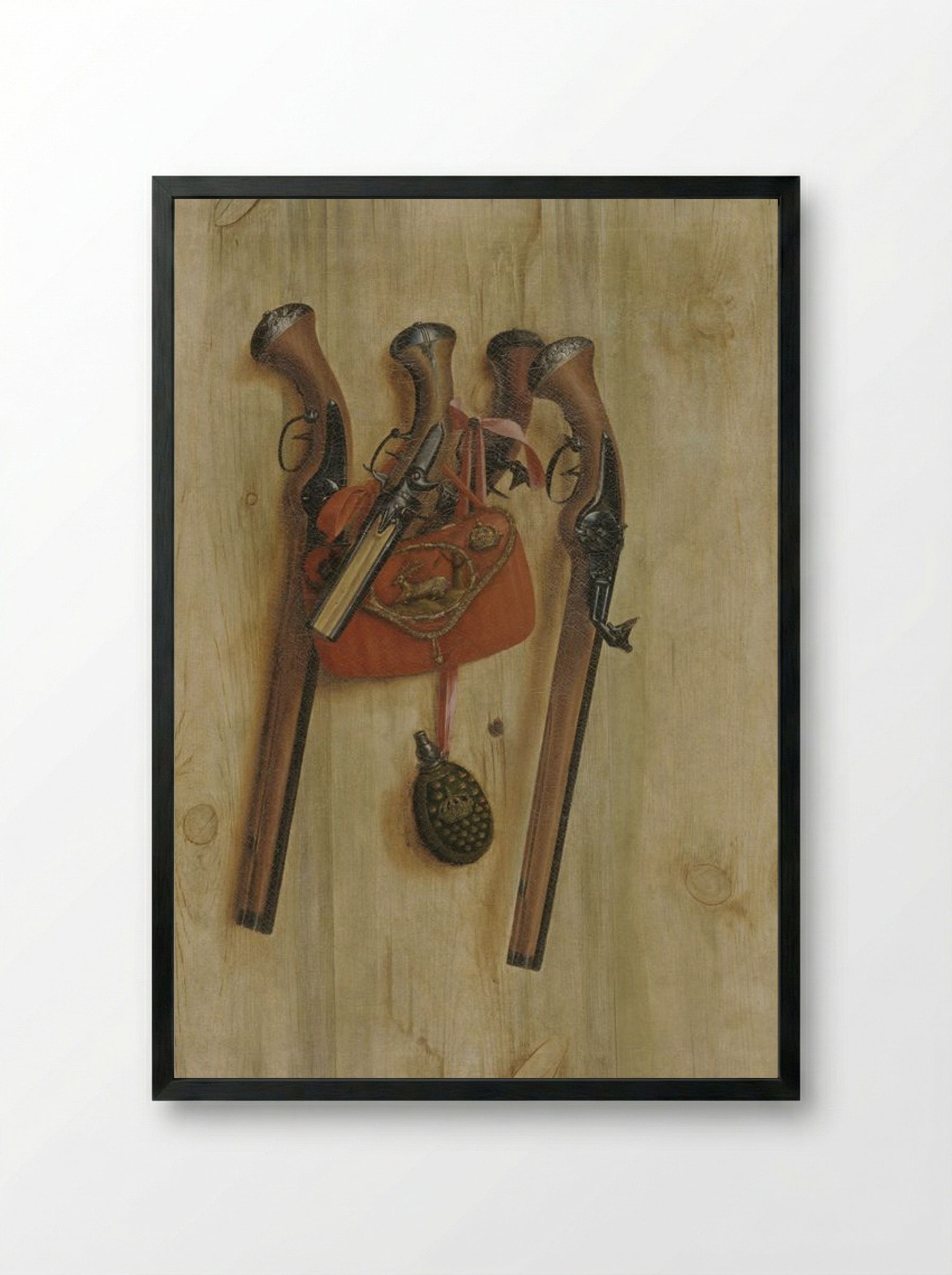 Trompe l'oeil with pistols - Cornelis Norbertus Gysbrechts - Framed Print Black