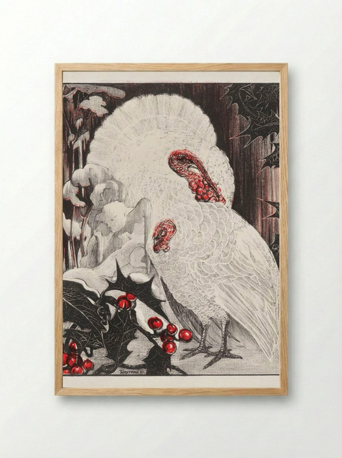 Two White Turkeys with Holly Branches in the Snow - Theo van Hoytema - Framed Print Wood
