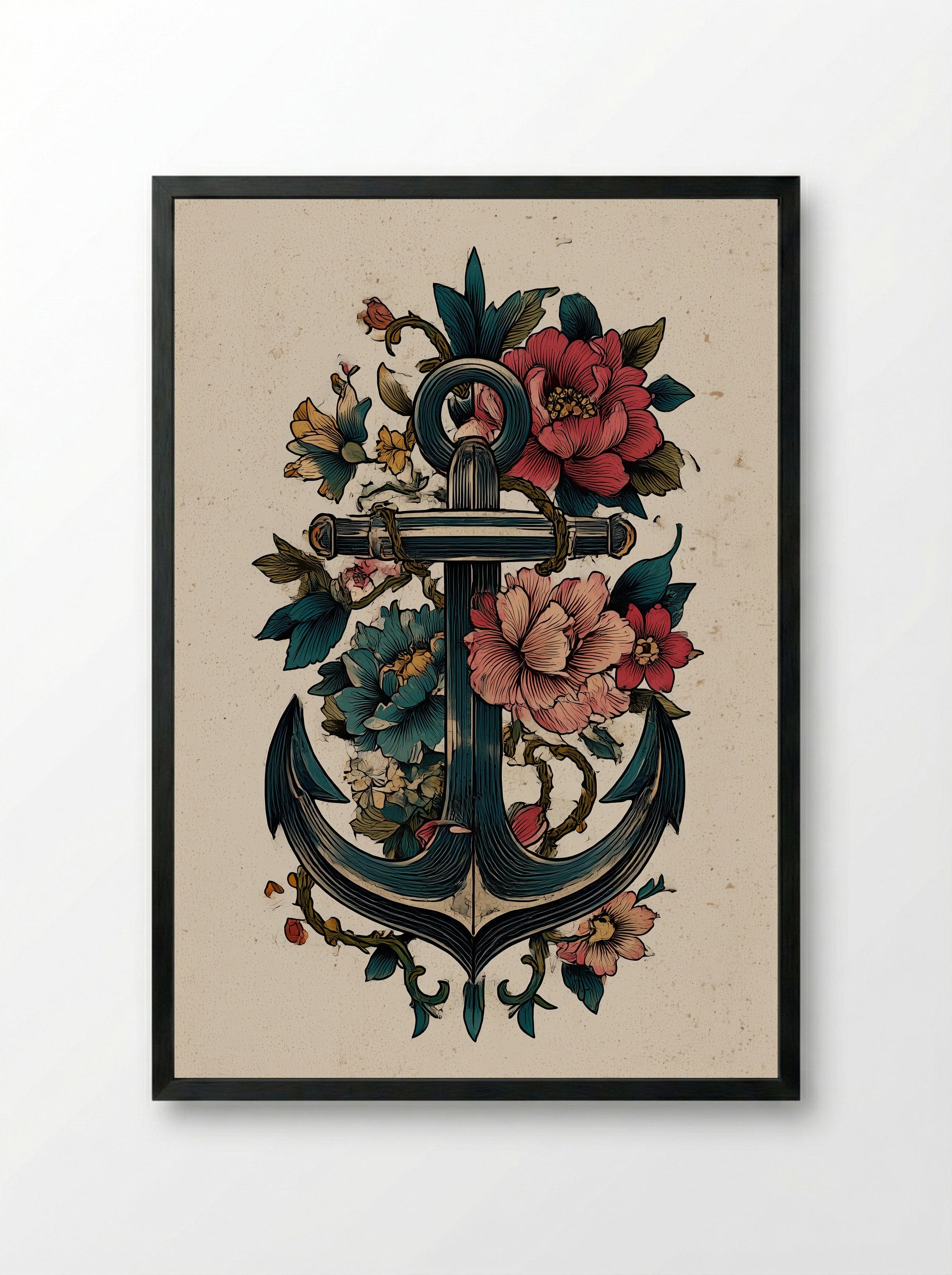 Anchor with Floral Motifs - Vintage Tattoo Inspired Print - Framed Print Black
