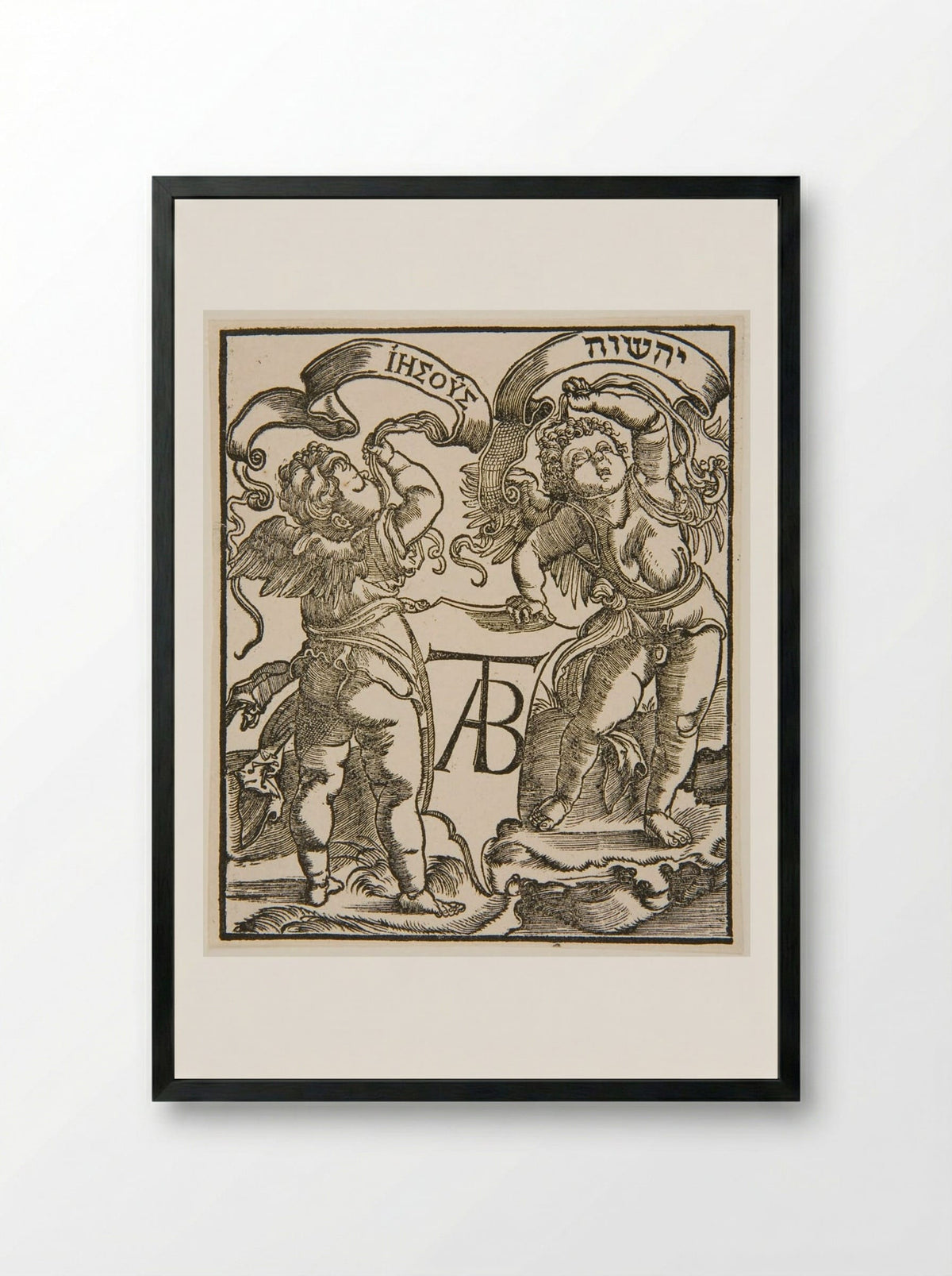 Two Angels Holding Banners with the Name Jesus - Hans Holbein the Younger - Framed Print Black