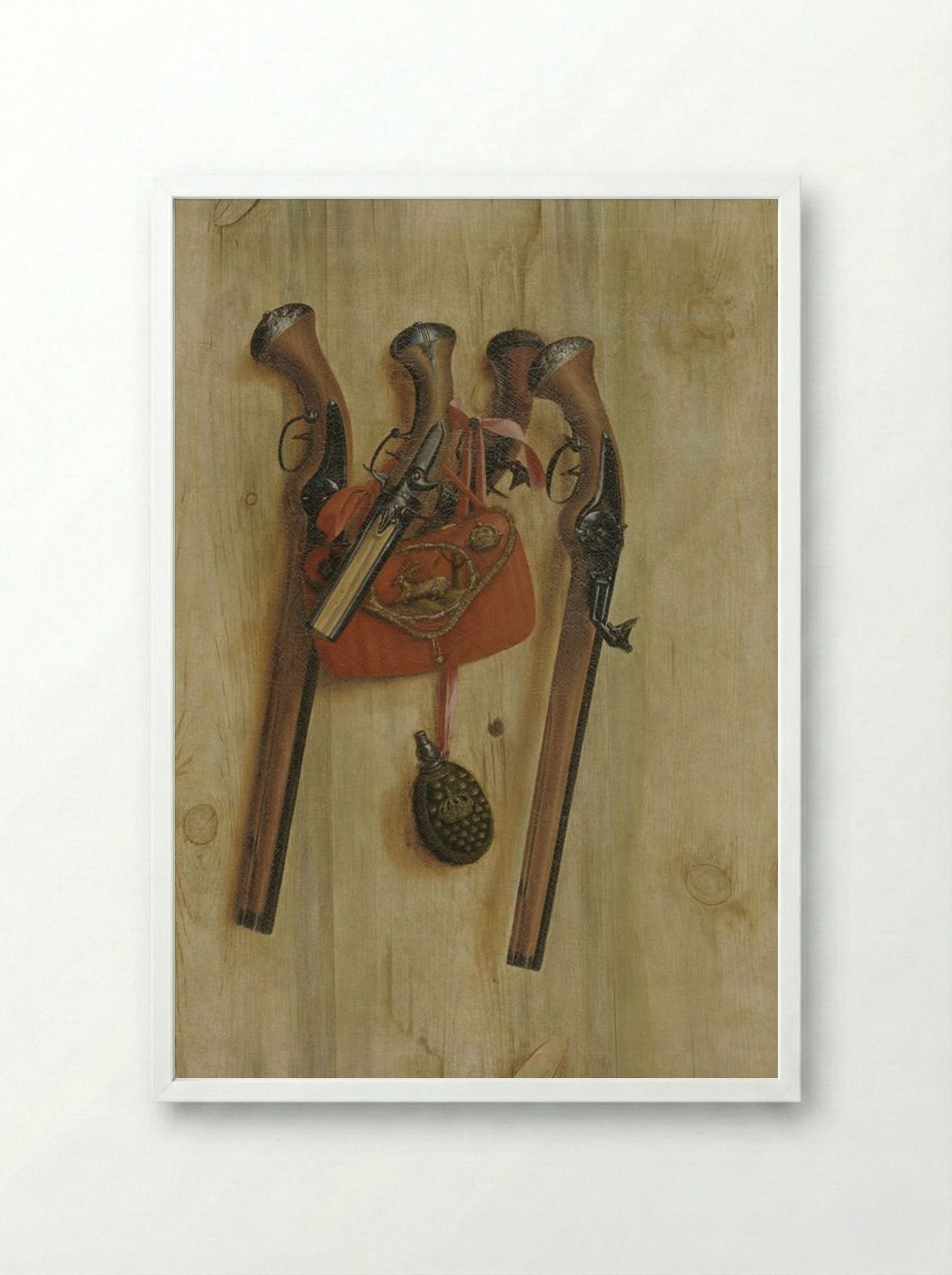Trompe l'oeil with pistols - Cornelis Norbertus Gysbrechts - Framed Print White