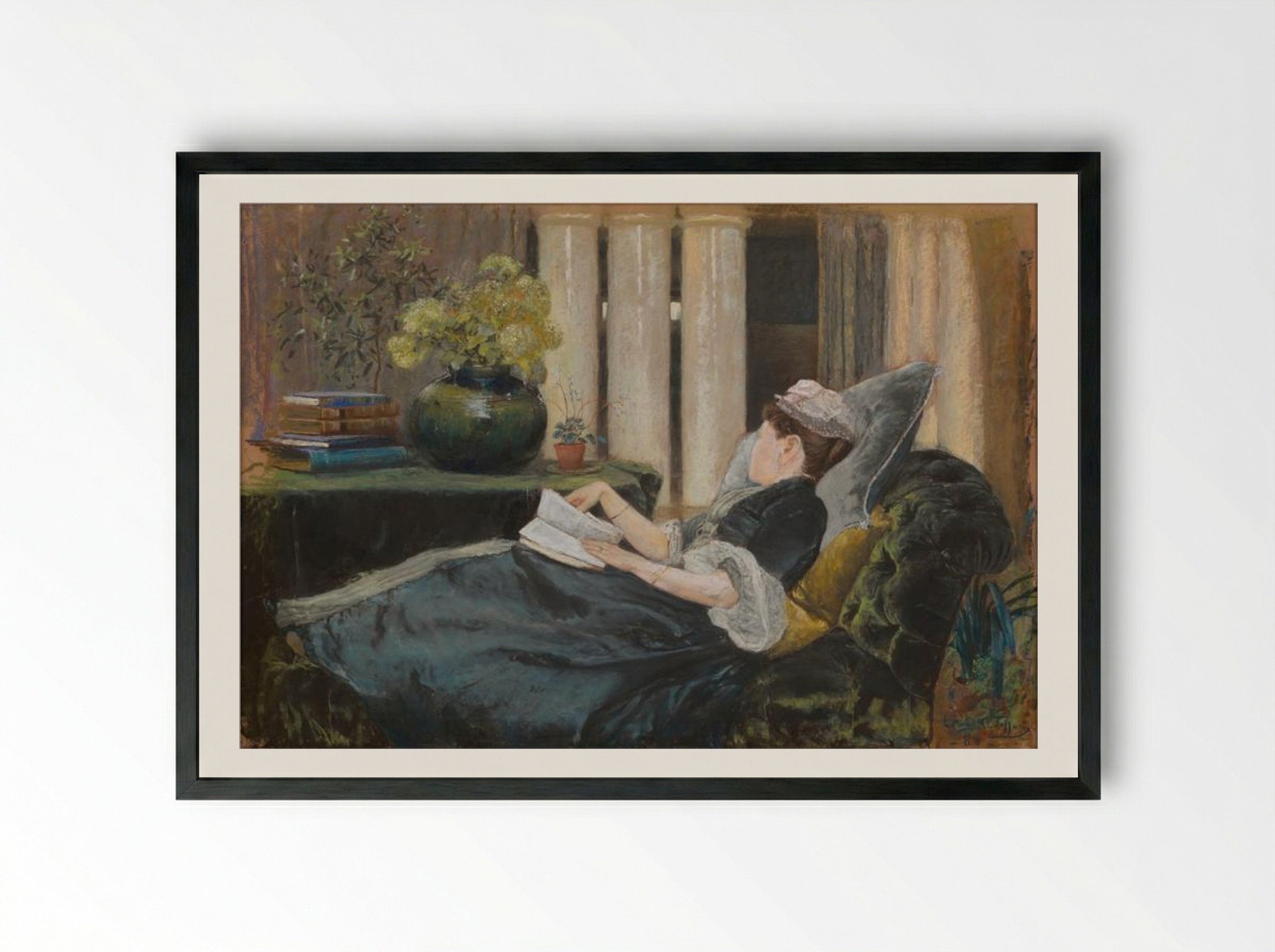 Louise Tiffany, Reading - Louis Comfort Tiffany - Framed Print Black