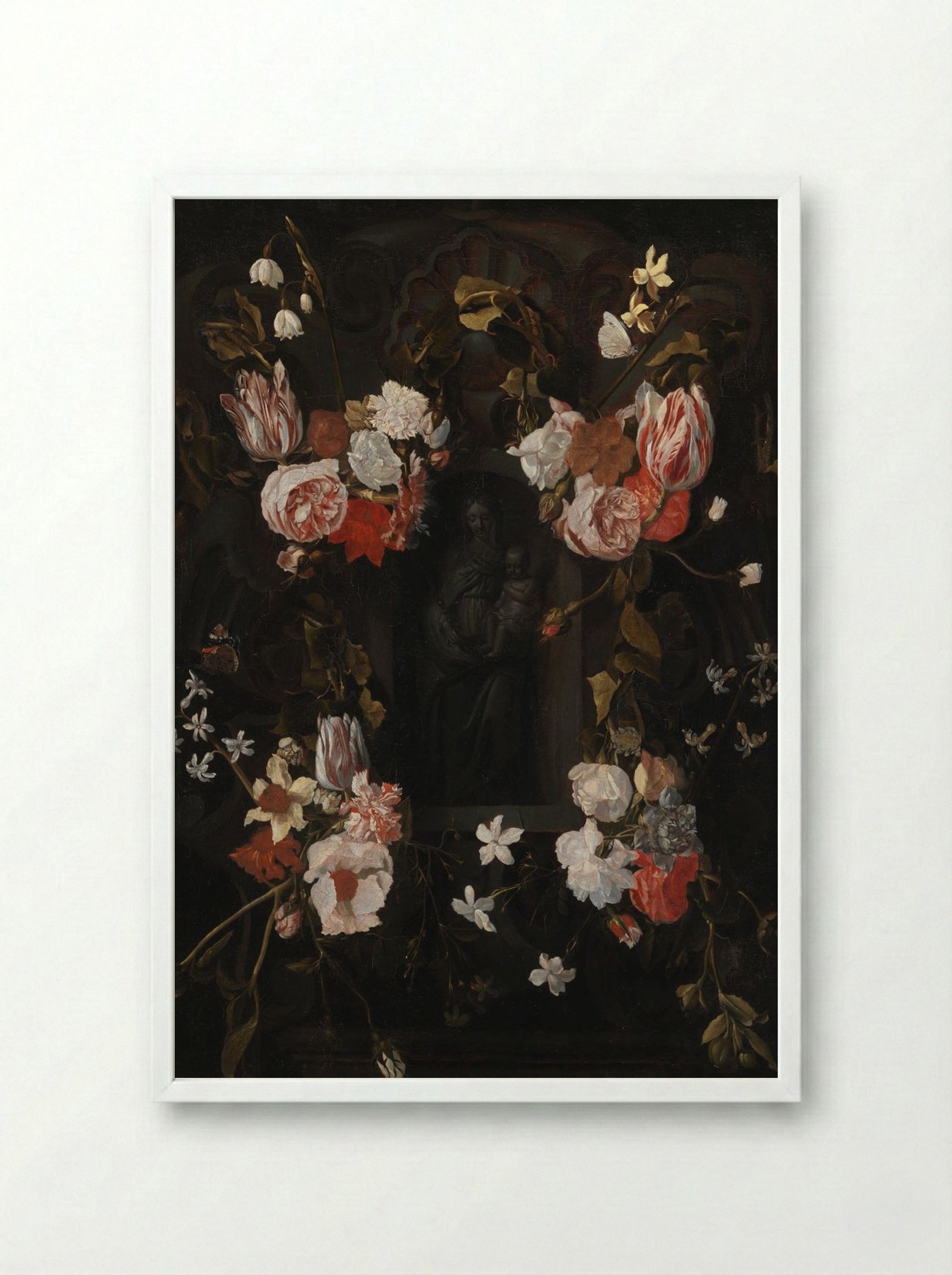 A Flower-Wreathed Niche with a Stone Figure of the Madonna - Fine Art Print - Framed Print White