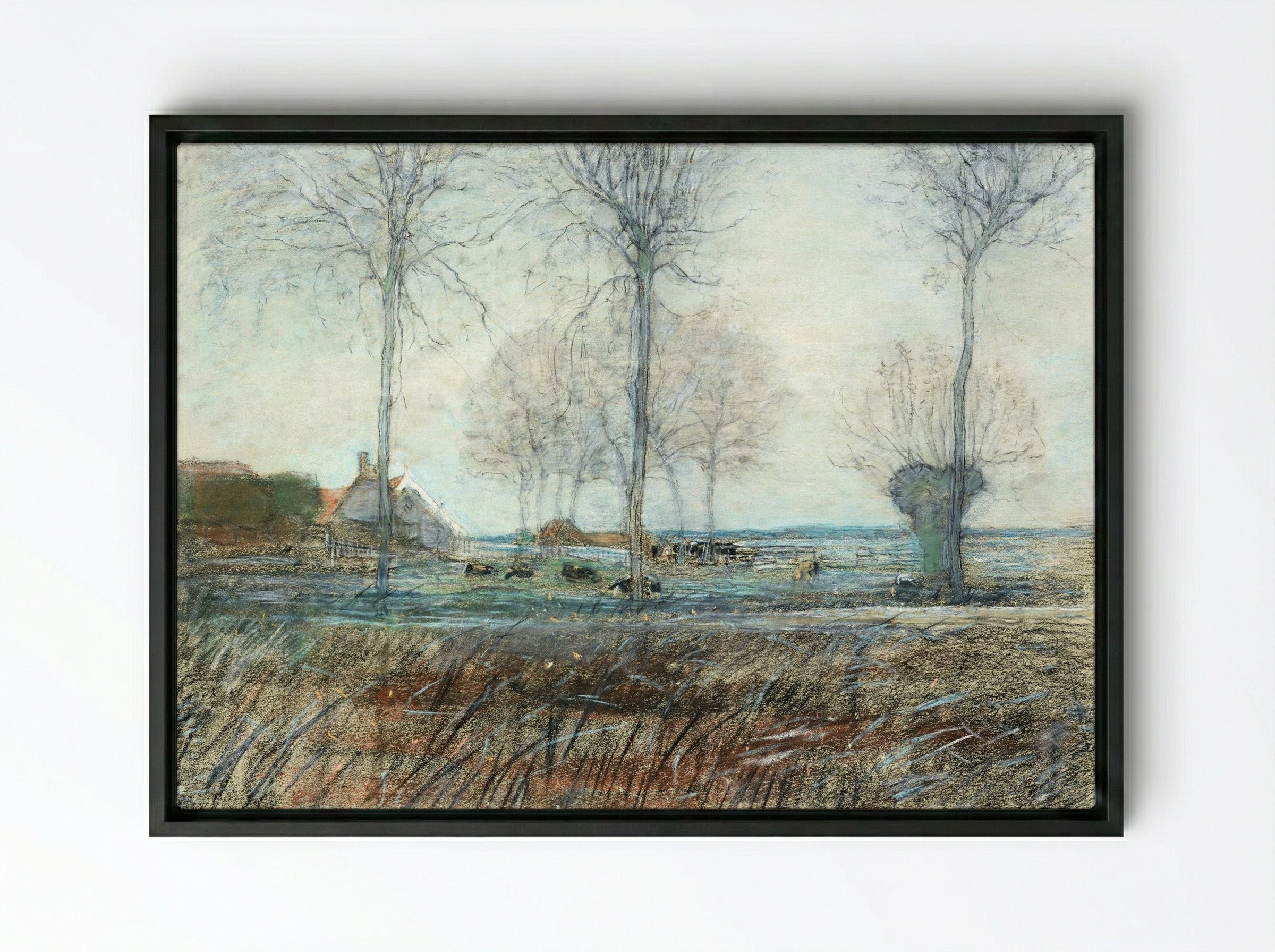 Farm Setting, Three Tall Trees in the Foreground - Piet Mondrian - Framed Canvas Black