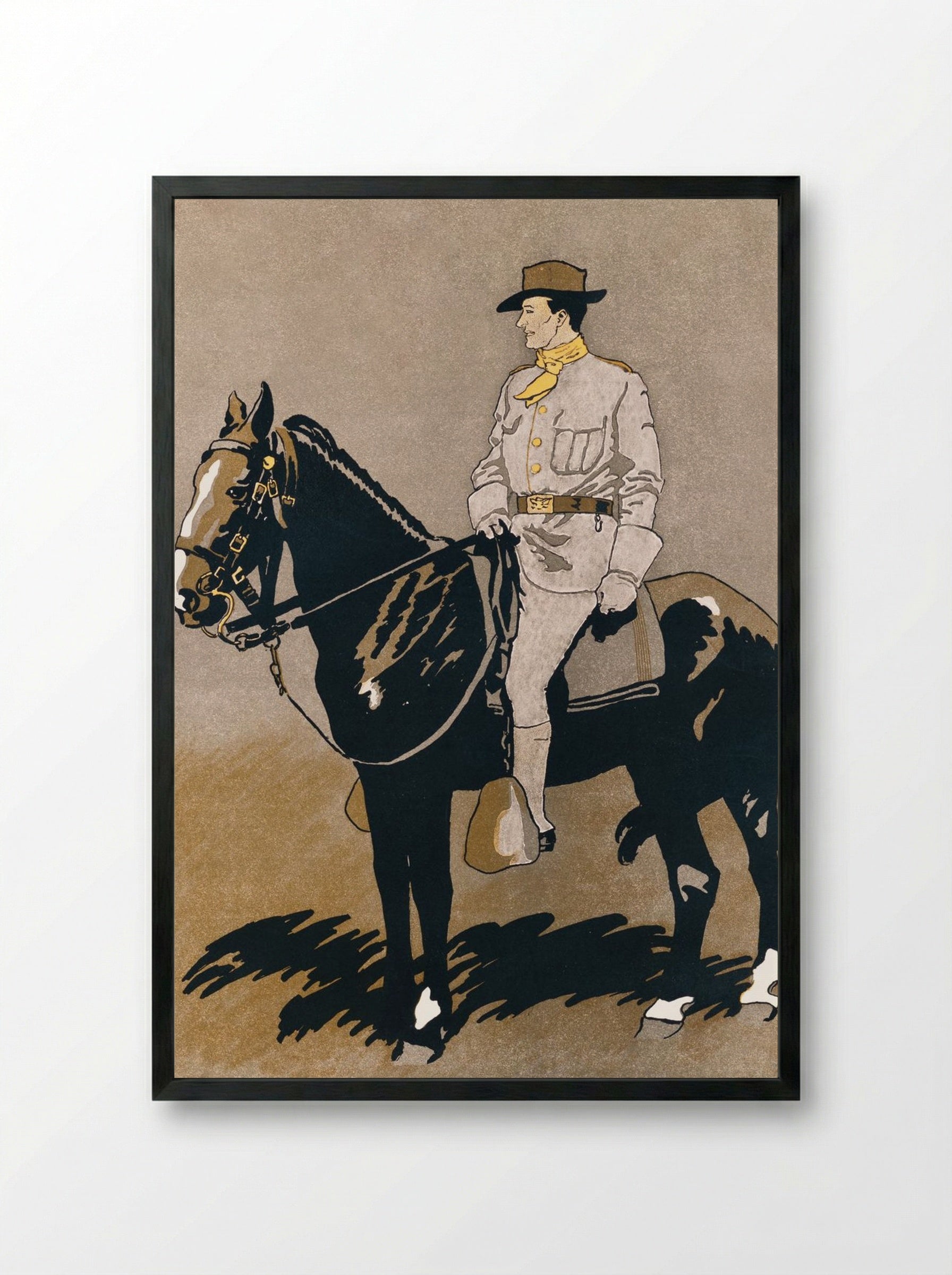 Soldier Riding a Horse - Edward Penfield - Framed Print Black