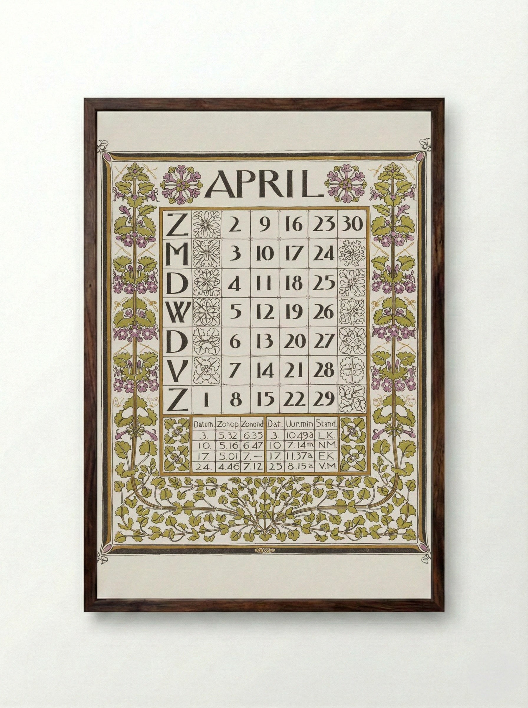 Calendar for April 1899 - Gerrit Willem Dijsselhof - Framed Print Dark Wood