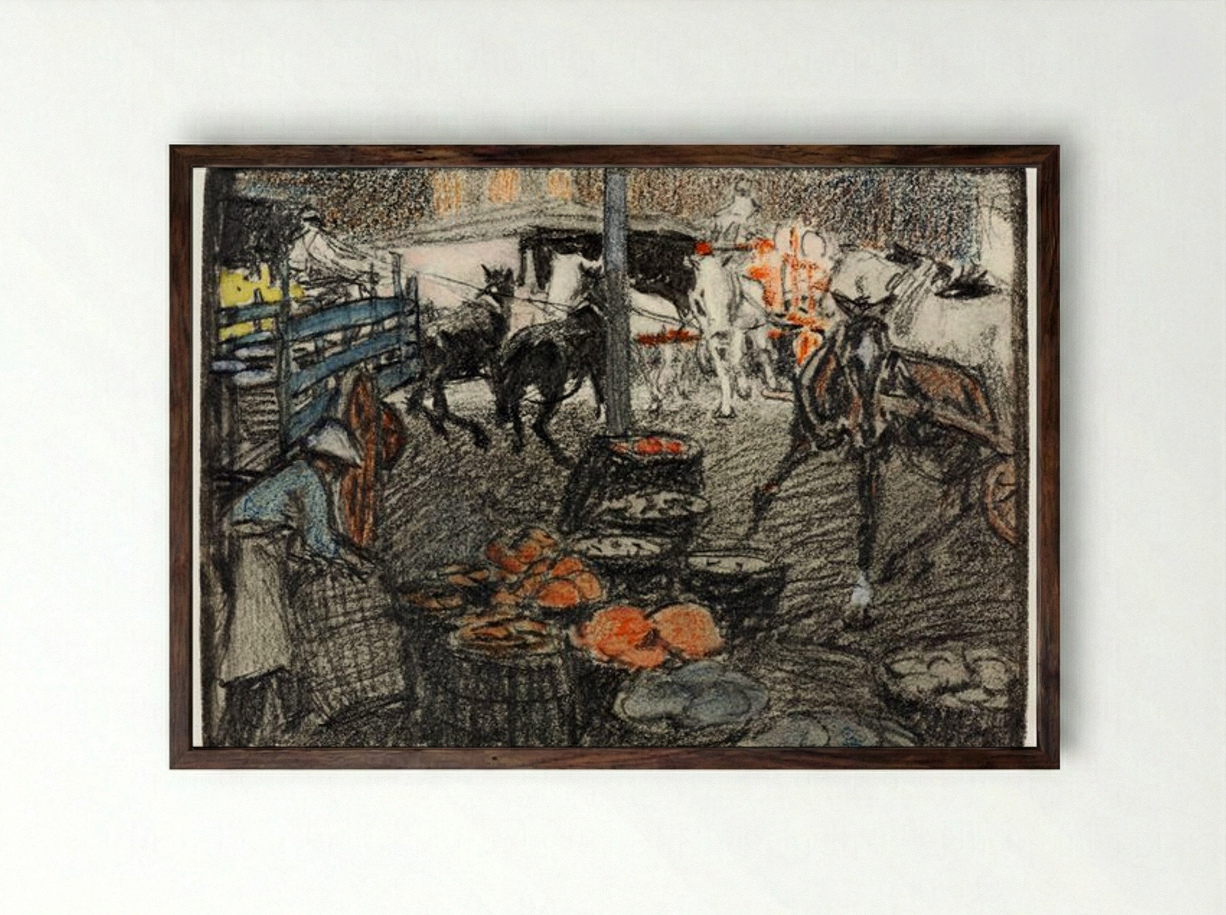 A Busy Market Scene - Edward Penfield - Framed Print Dark Wood