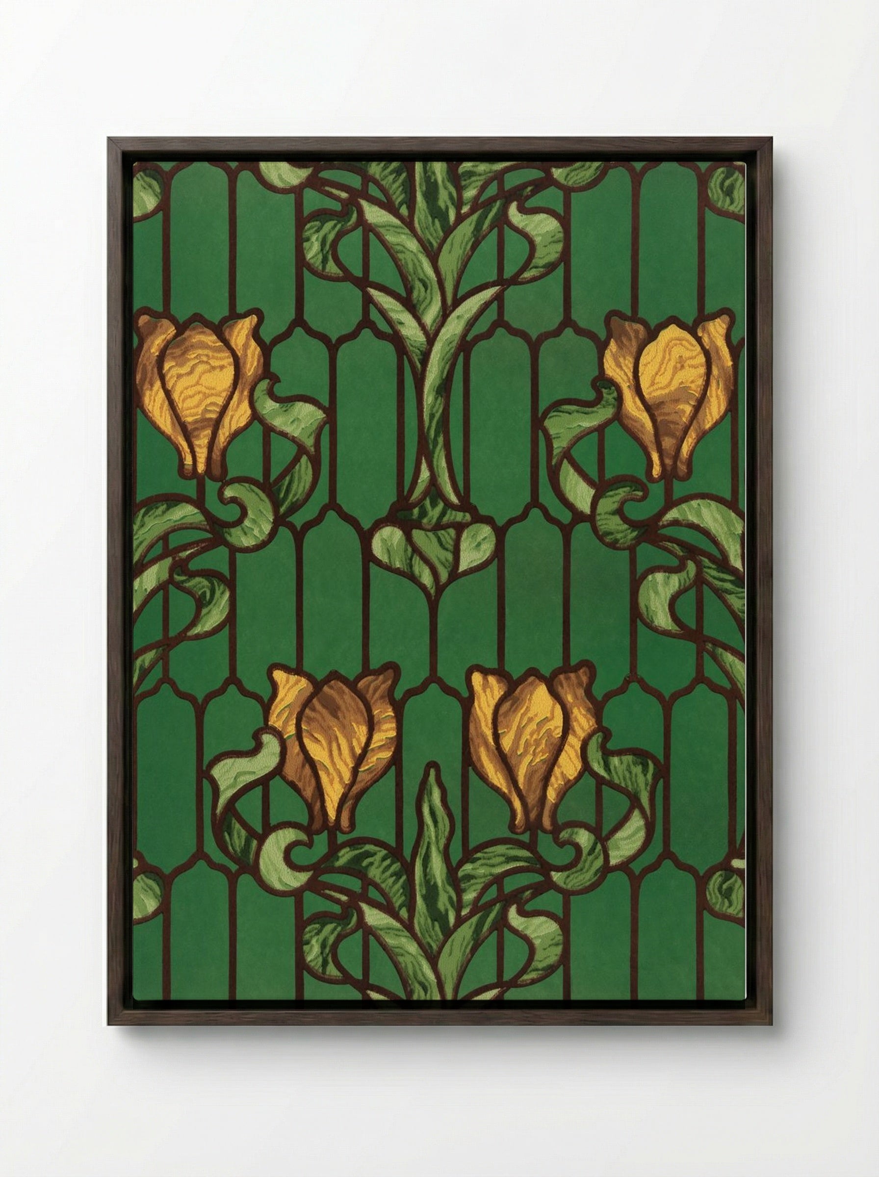 Flower Patterned Stained Glass (Yellow Tulip with Green Foliage) - Fine Art Print - Framed Canvas Dark Wood