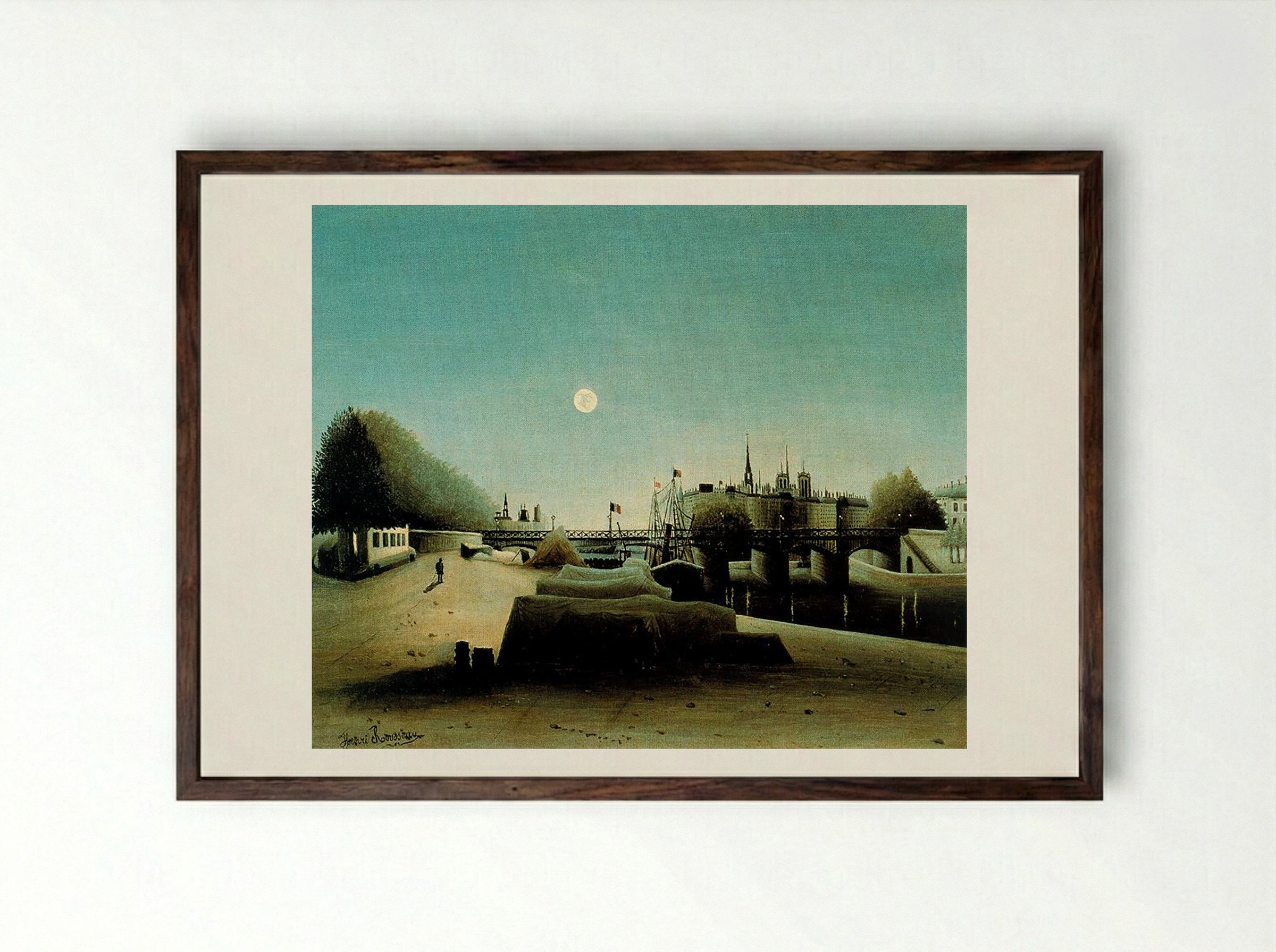 A View of the Ile Saint-Louis from Port Saint-Nicolas, Evening - Henri Rousseau - Framed Print Dark Wood