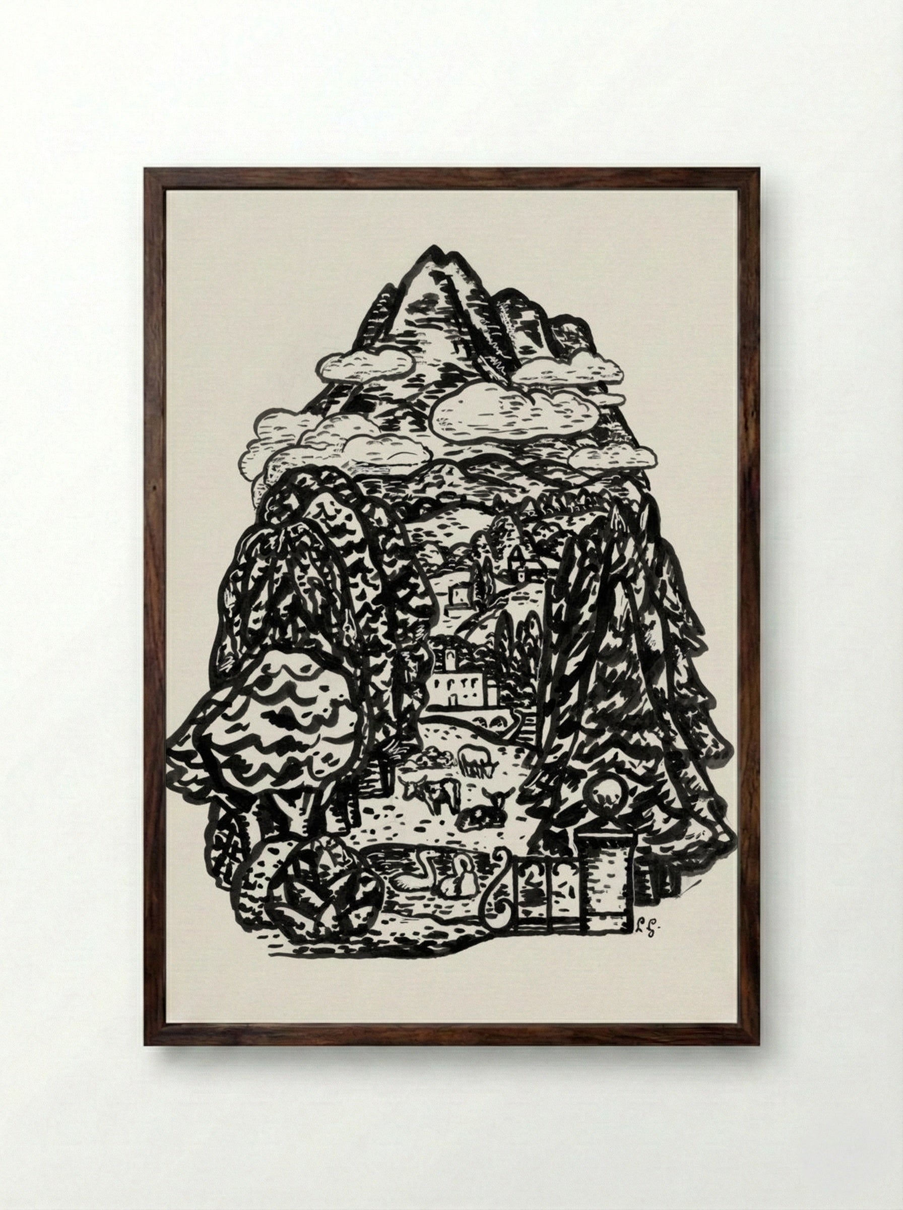 Mountain Landscape with Cows and Swans - Leo Gestel - Framed Print Dark Wood