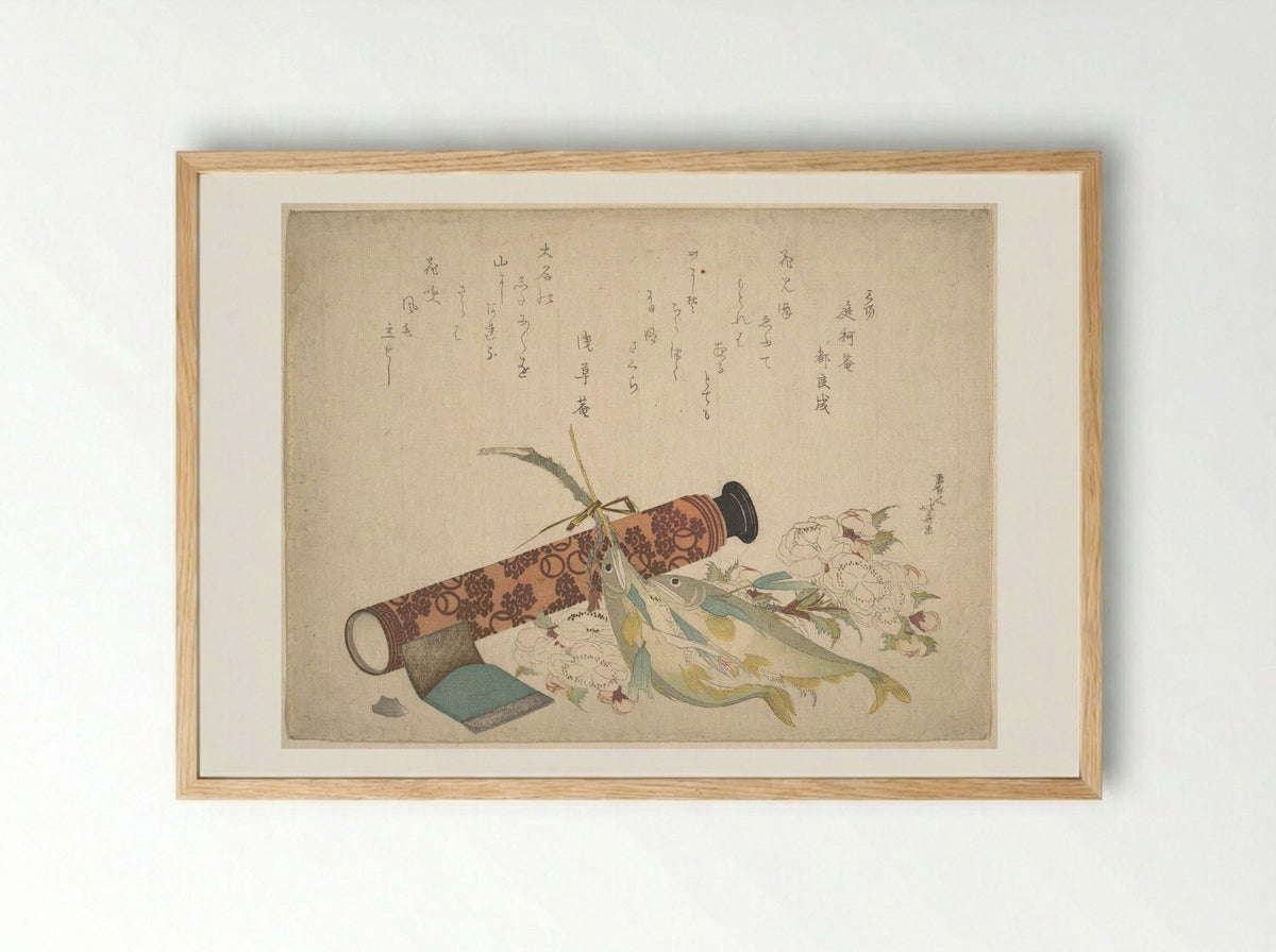 Still Life: Double Cherry-Blossom Branch, Telescope, Sweet Fish, and Tissue Case - Katsushika Hokusai - Framed Print Wood
