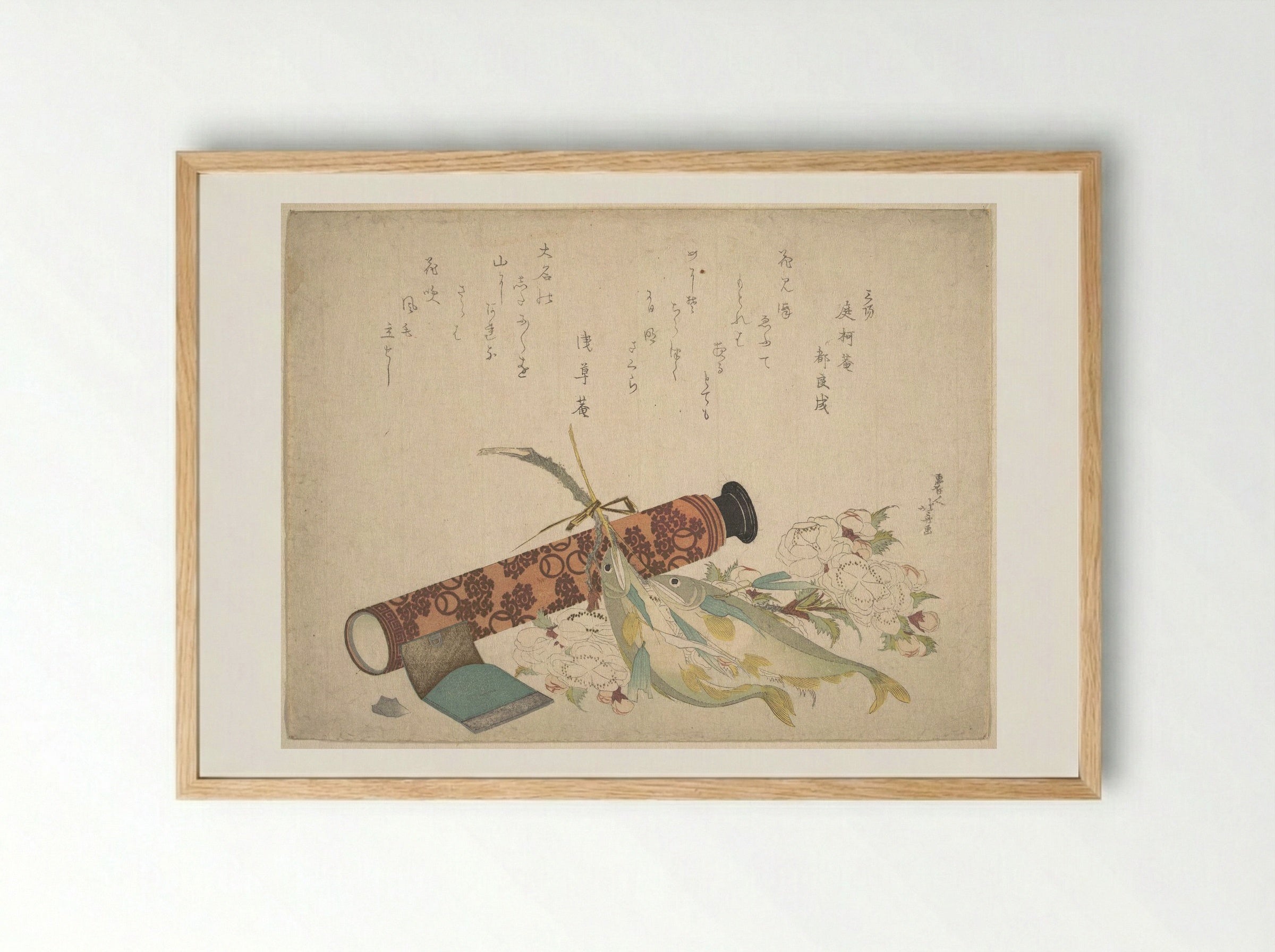 Still Life: Double Cherry-Blossom Branch, Telescope, Sweet Fish, and Tissue Case - Katsushika Hokusai - Framed Print Wood