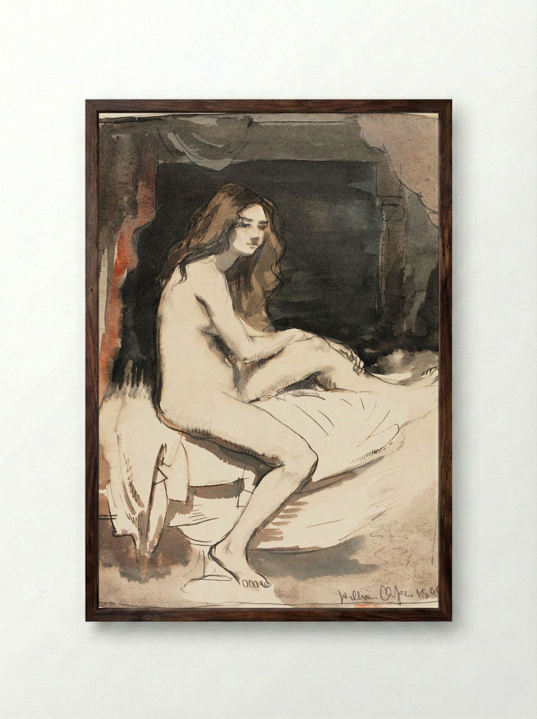 Nude Study of a Seated Woman - William Orpen - Framed Print Dark Wood