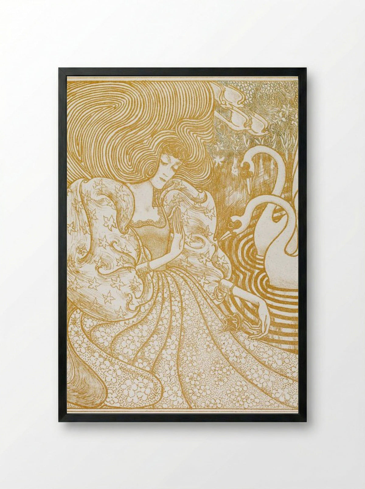 Woman with a Butterfly at a Pond with Two Swans - Jan Toorop - Framed Print Black