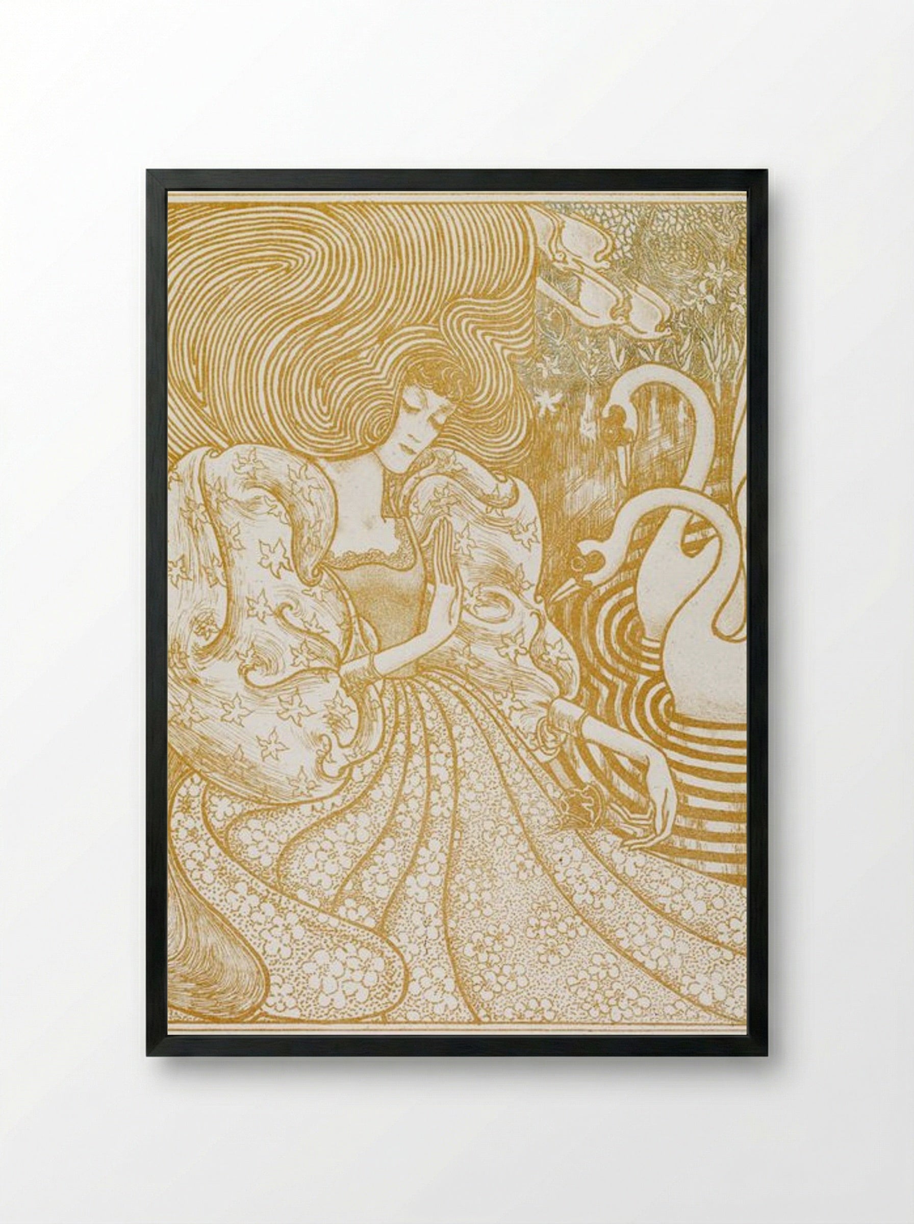 Woman with a Butterfly at a Pond with Two Swans - Jan Toorop - Framed Print Black