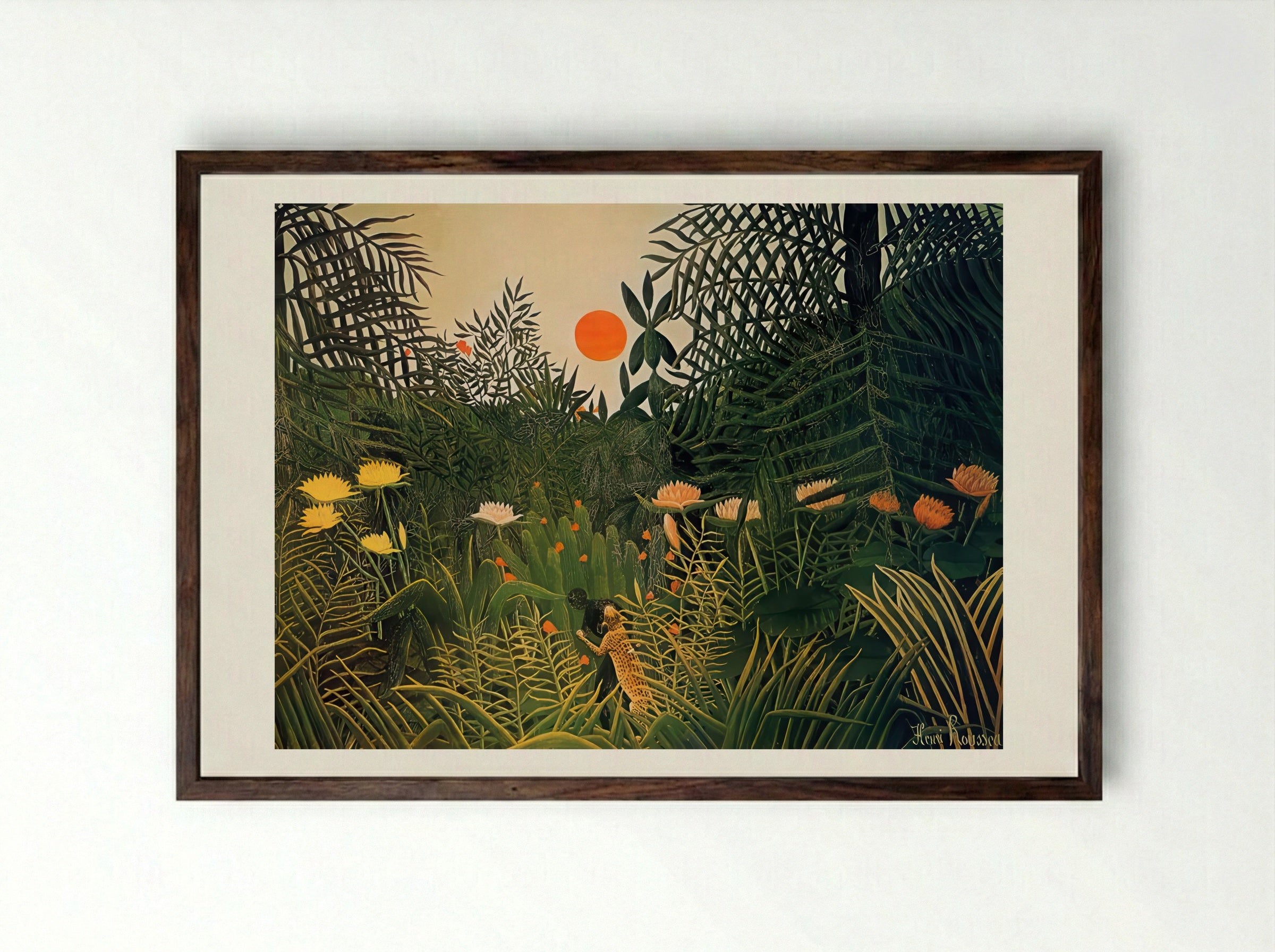 Man Attacked by a Jaguar by Henri Rousseau – Naïve Art Jungle Drama Print - Framed Print Dark Wood
