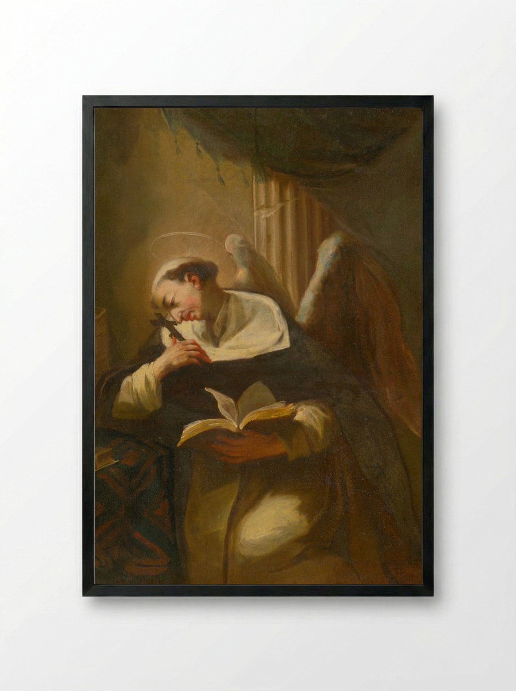 Kneeling Saint with Cross and Book - Fine Art Print - Framed Print Black