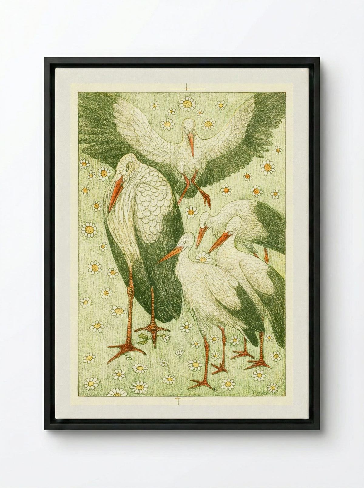 Vijf ooievaars in een wei (Five Storks in a Meadow) - Theo van Hoytema - Framed Canvas Black