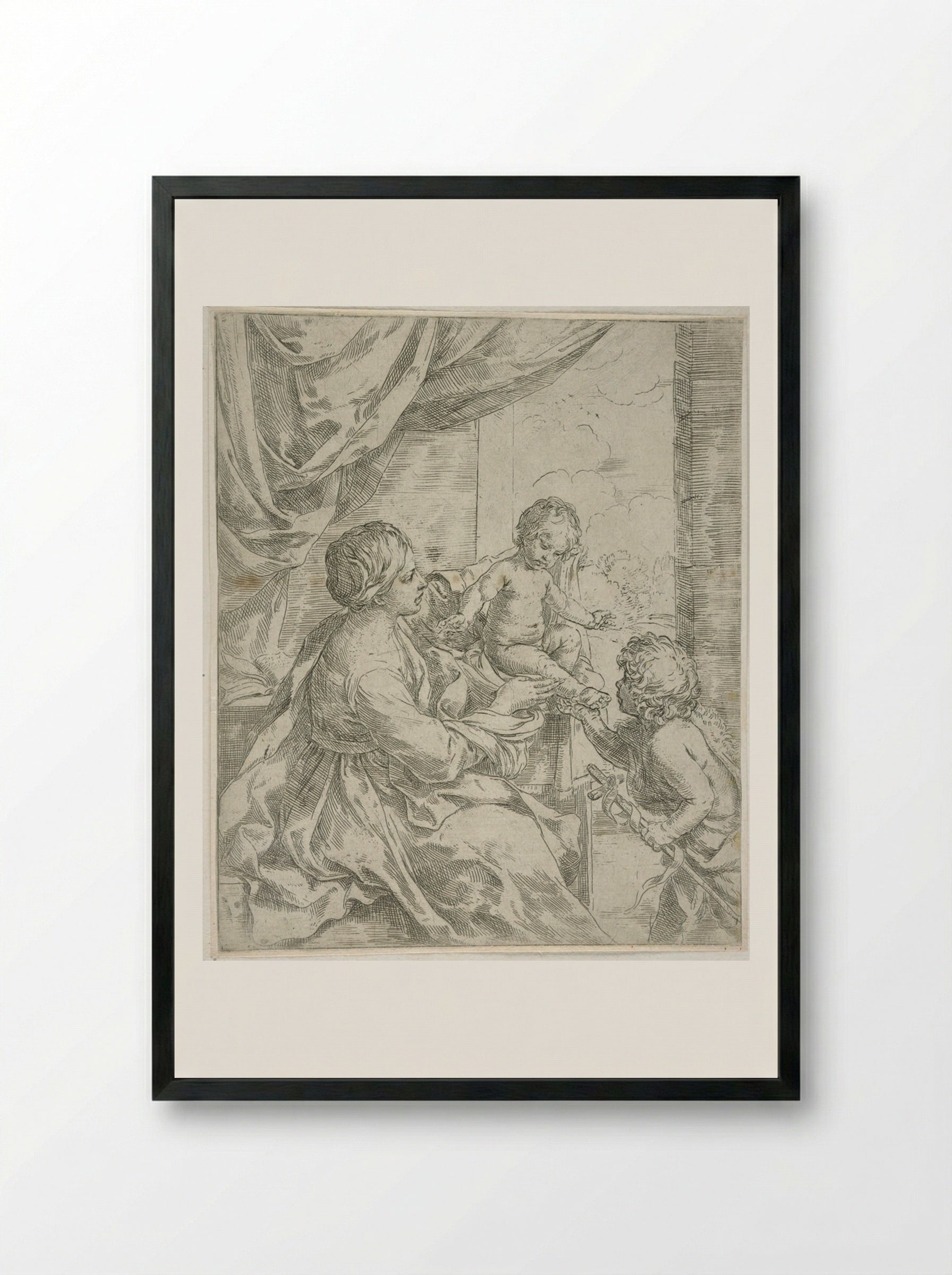 Madonna and Child at a Table with Saint John the Baptist - Guido Reni - Framed Print Black