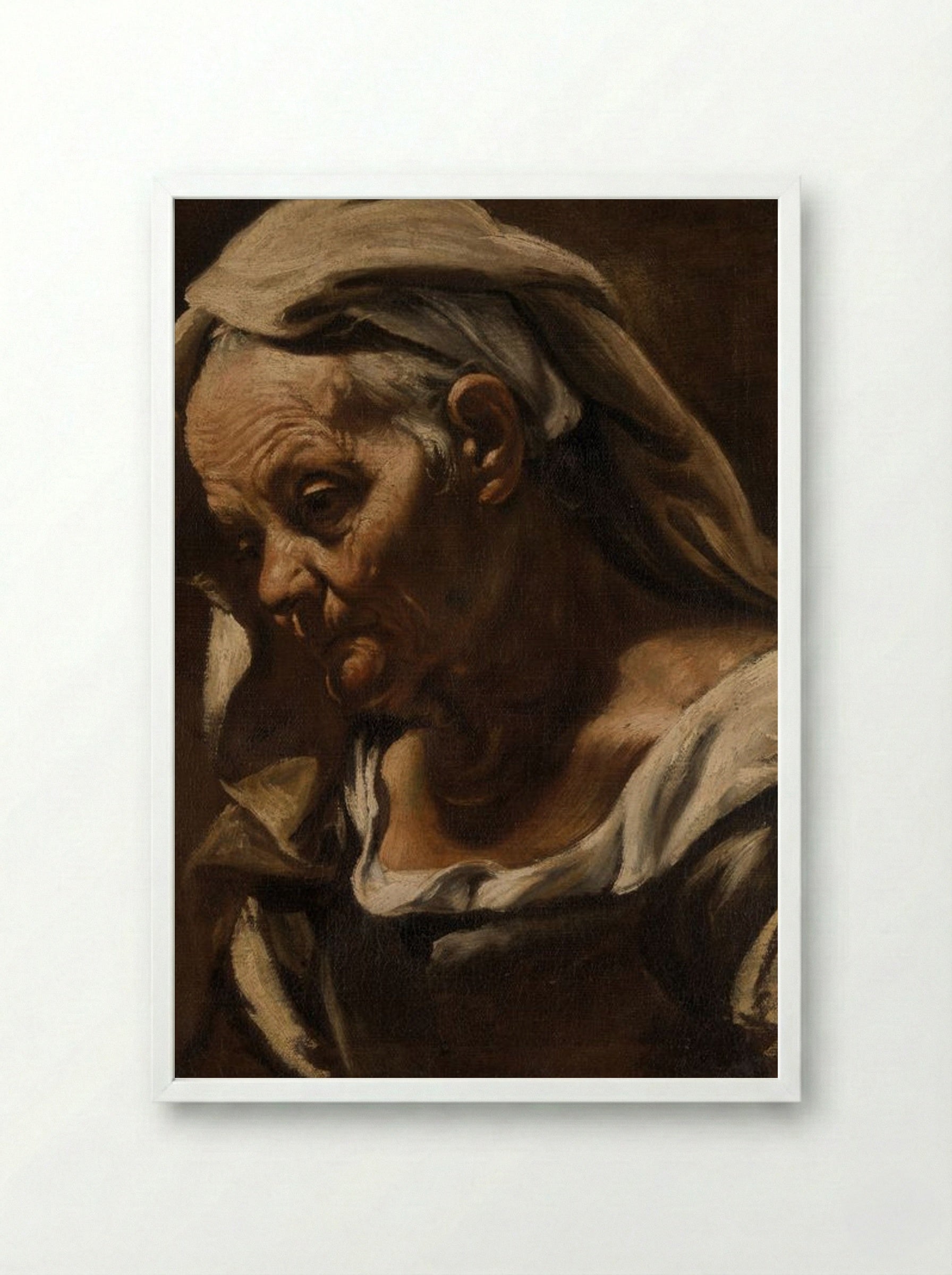 Head of an Old Woman - Orazio Borgianni - Framed Print White