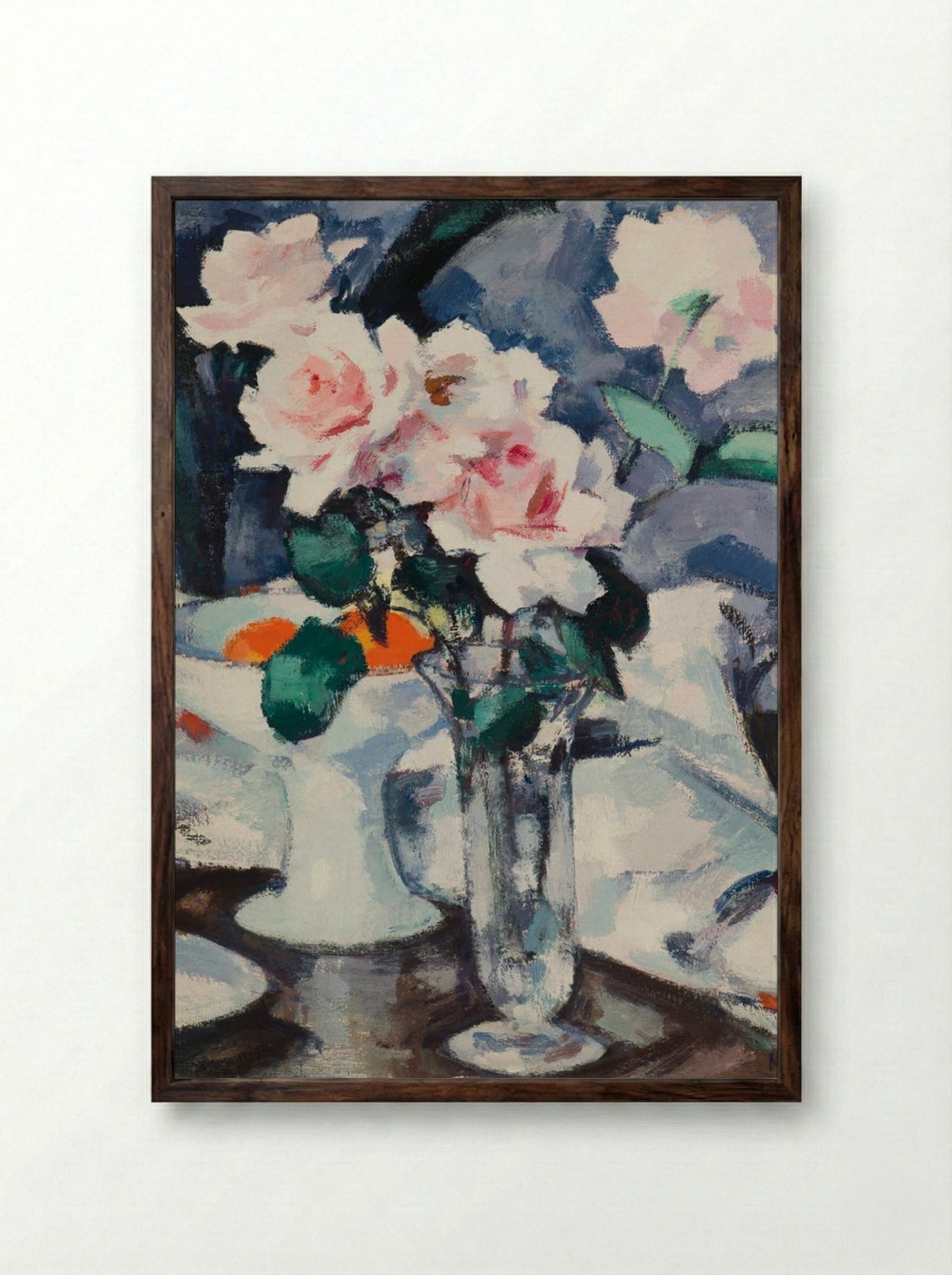 Pink Roses in a Glass Vase - Samuel John Peploe - Framed Print Dark Wood
