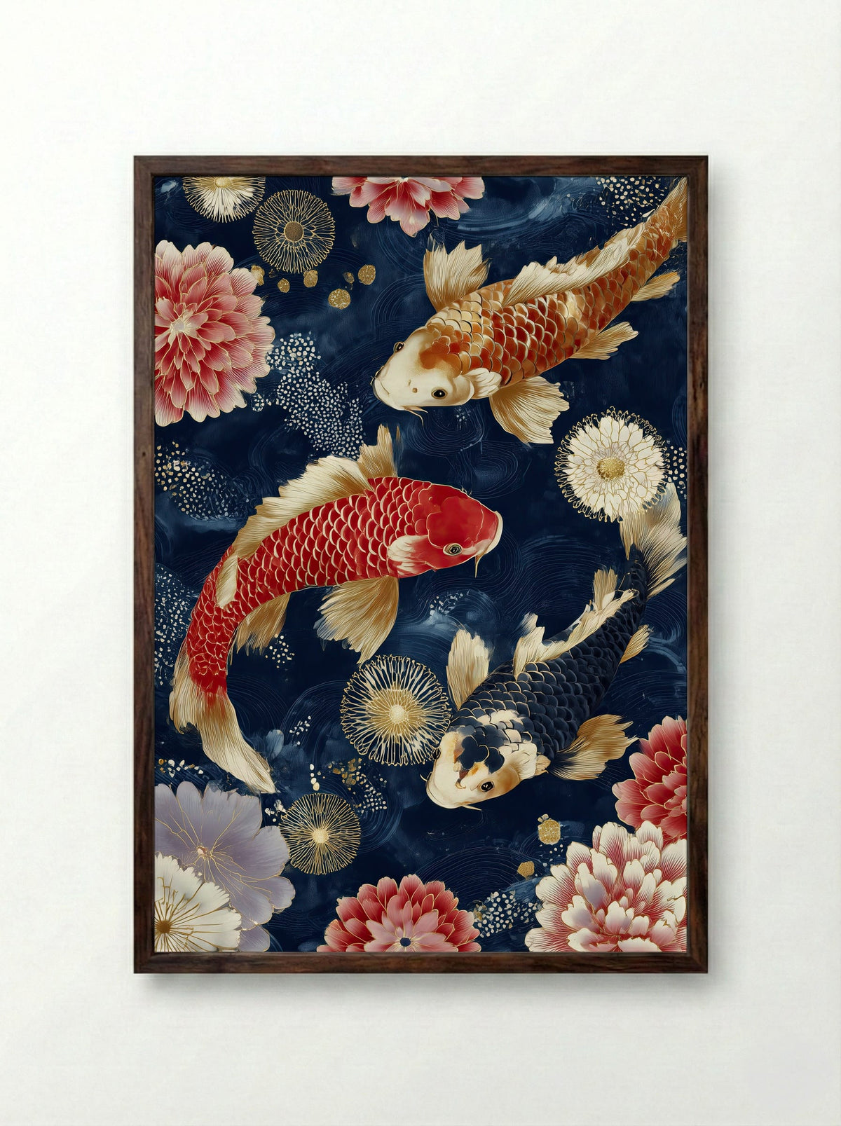 Trio of Koi Botanical Print in Crimson and Midnight - Framed Print Dark Wood