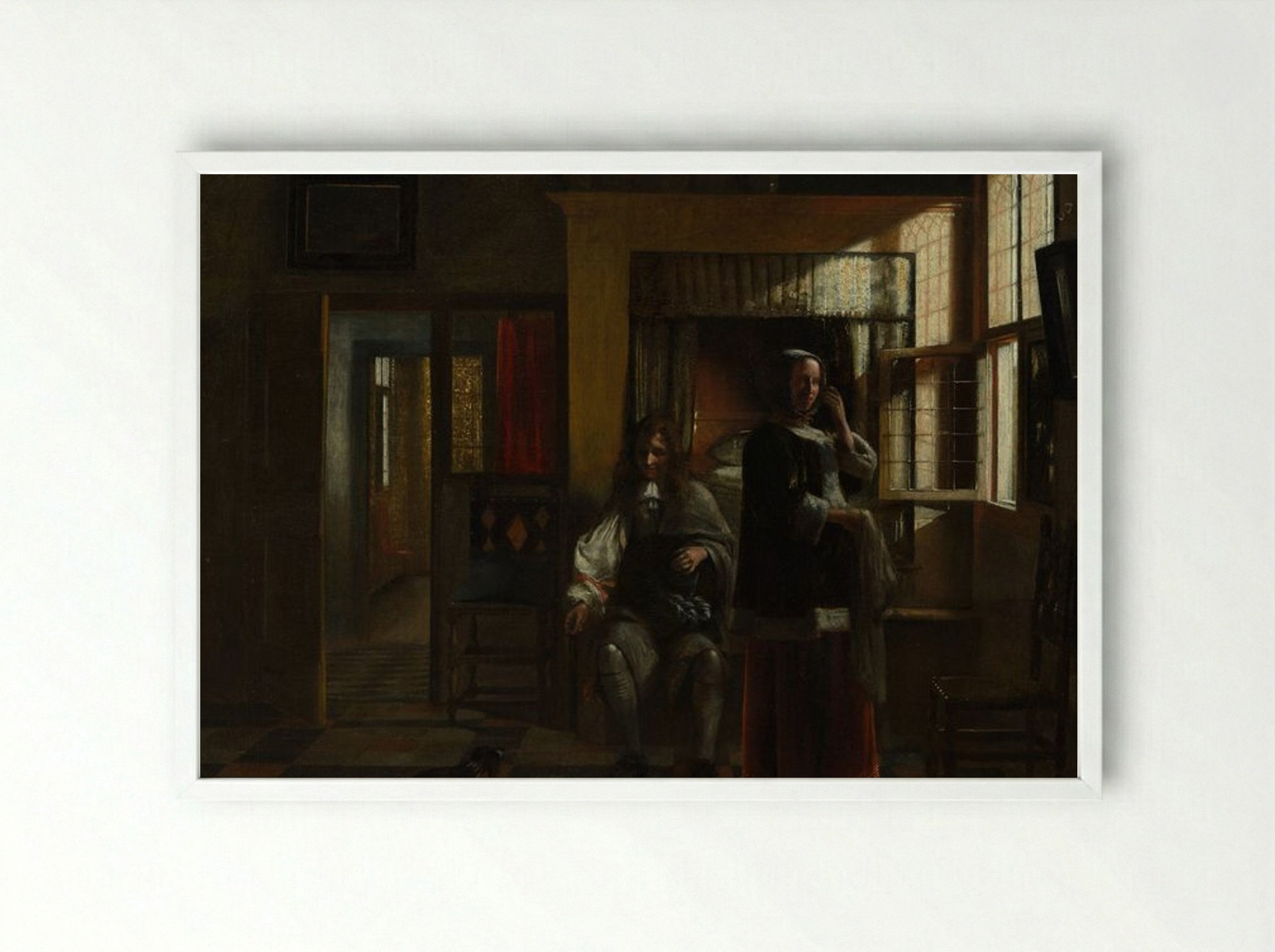 Interior with a Young Couple - Pieter de Hooch - Framed Print White