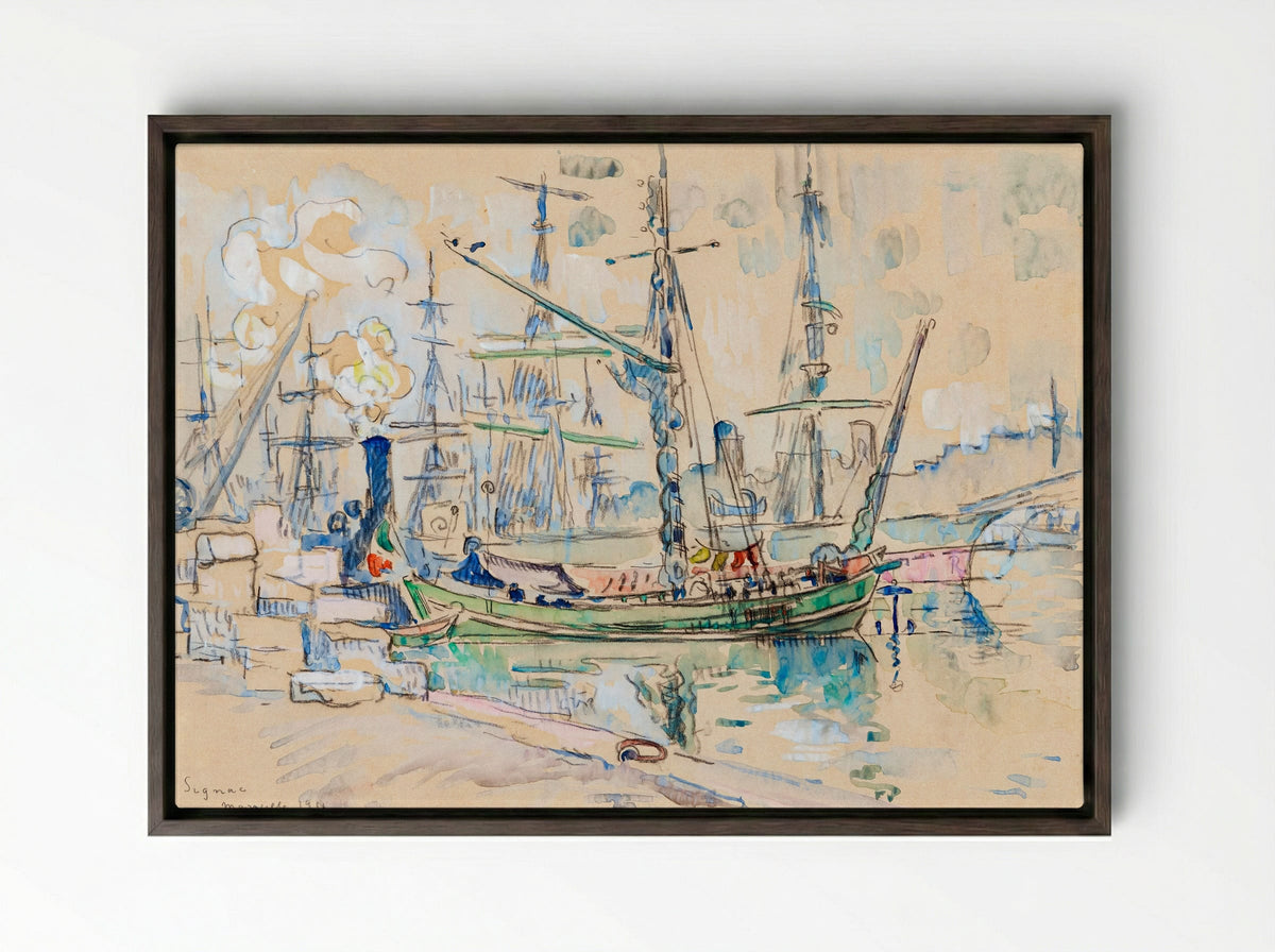 Marseille Harbour - Paul Signac - Framed Canvas Dark Wood