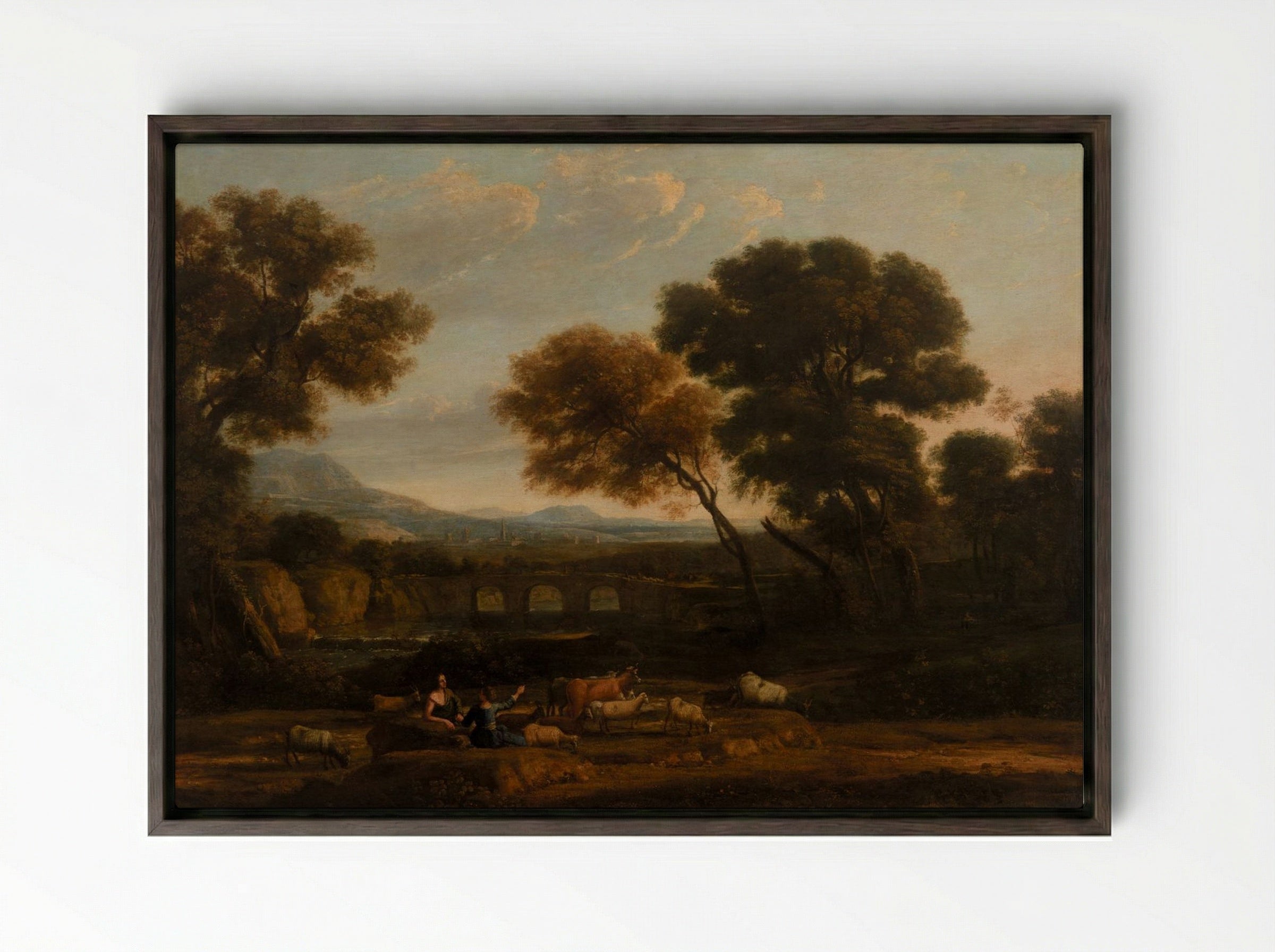 Pastoral Landscape with Bridge - Claude Lorrain - Framed Canvas Dark Wood