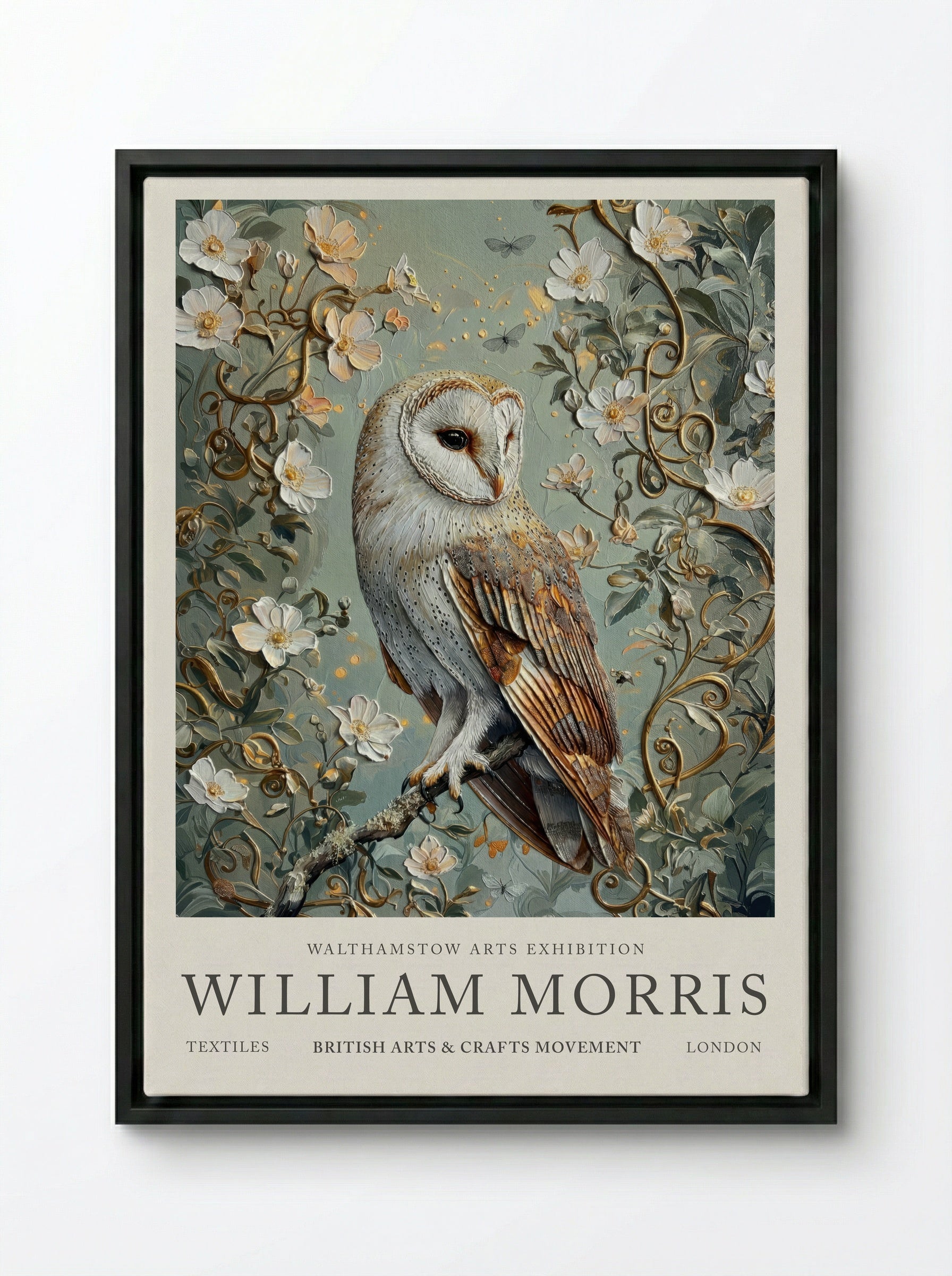 Barn Owl Whispering Wings - William Morris - Framed Canvas Black
