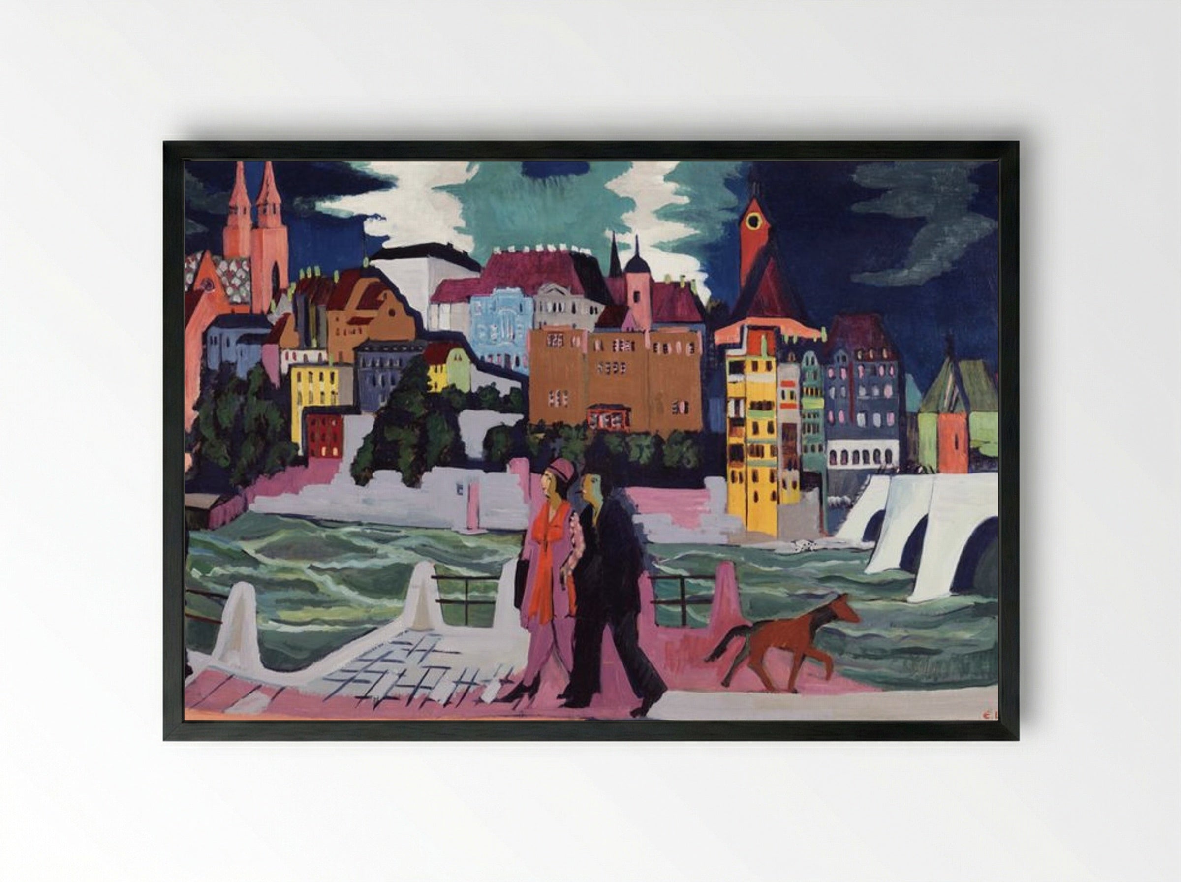 View of Basel and the Rhine - Ernst Ludwig Kirchner - Framed Print Black