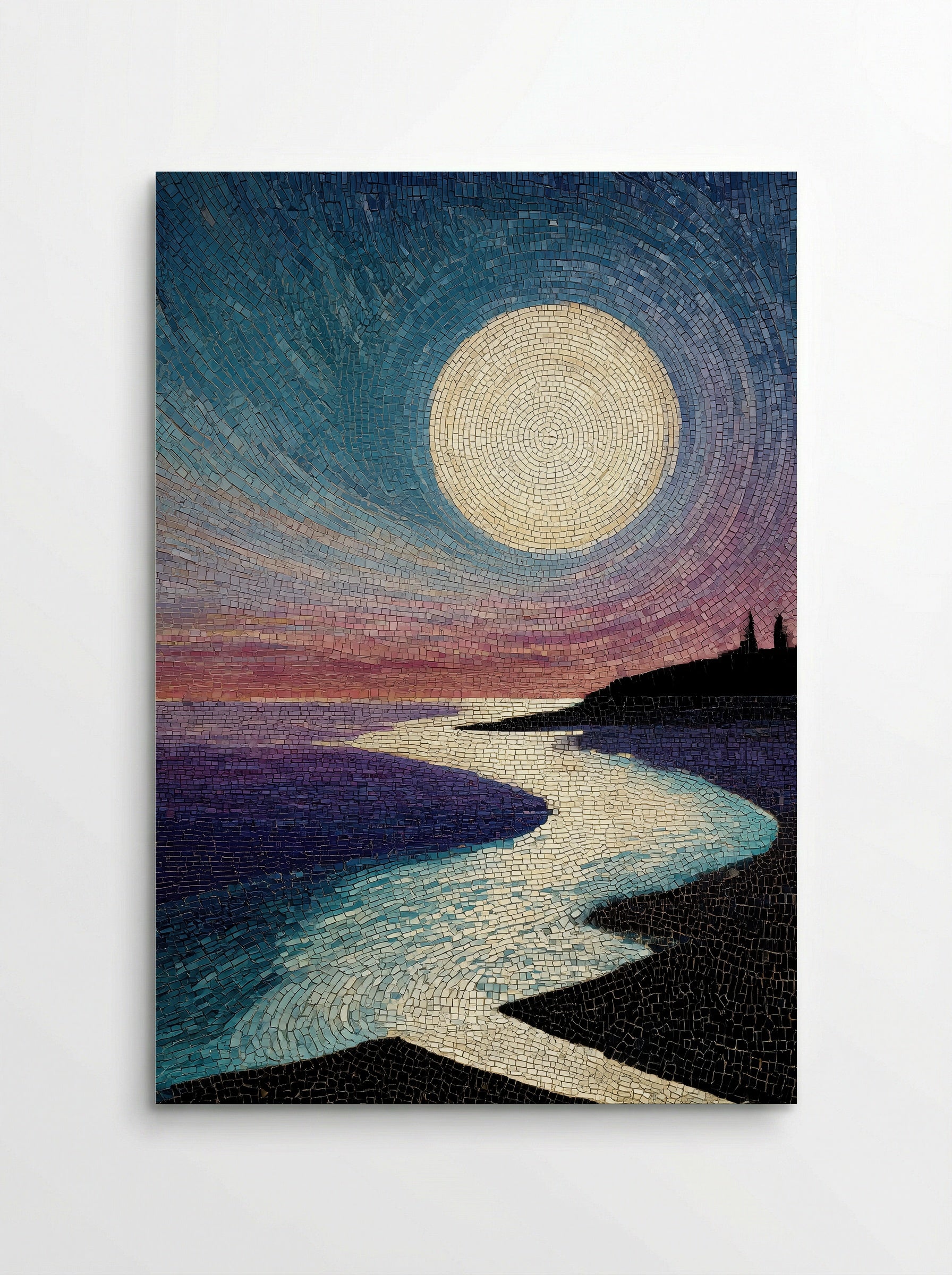 Moonlit Pavilion View - Japanese Mosaic Print - Poster