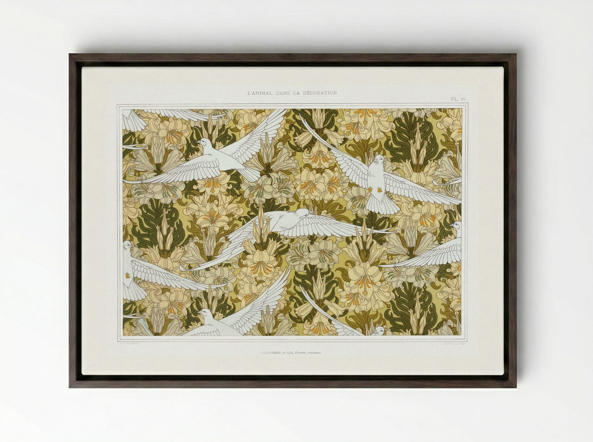 Colombes et Lis, Étoffe Imprimée (Doves and Lilies, Printed Fabric) - Maurice Pillard Verneuil - Framed Canvas Dark Wood