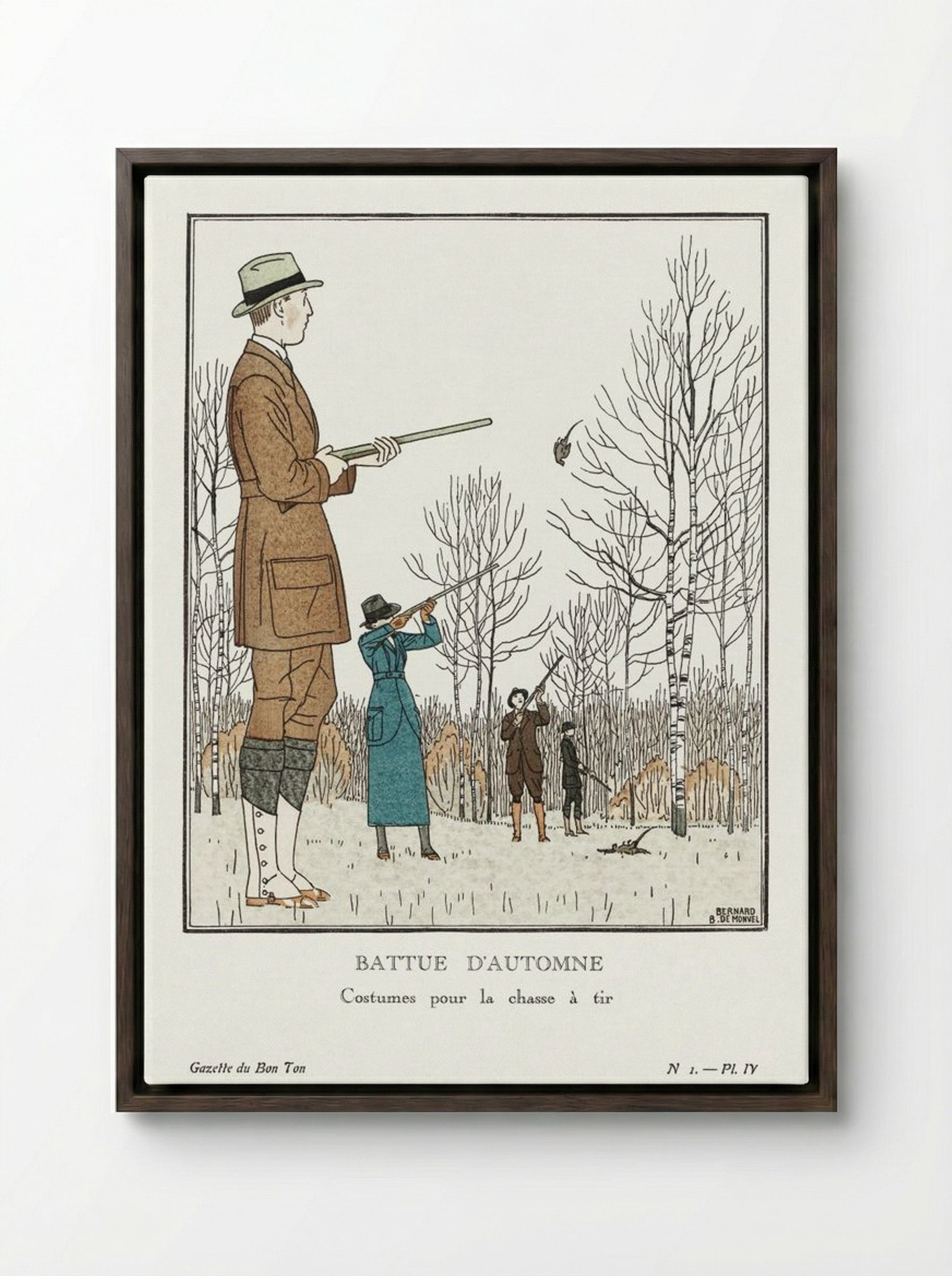 Battue d'Automne (Costumes pour la chasse à tir) - Bernard Boutet de Monvel - Framed Canvas Dark Wood
